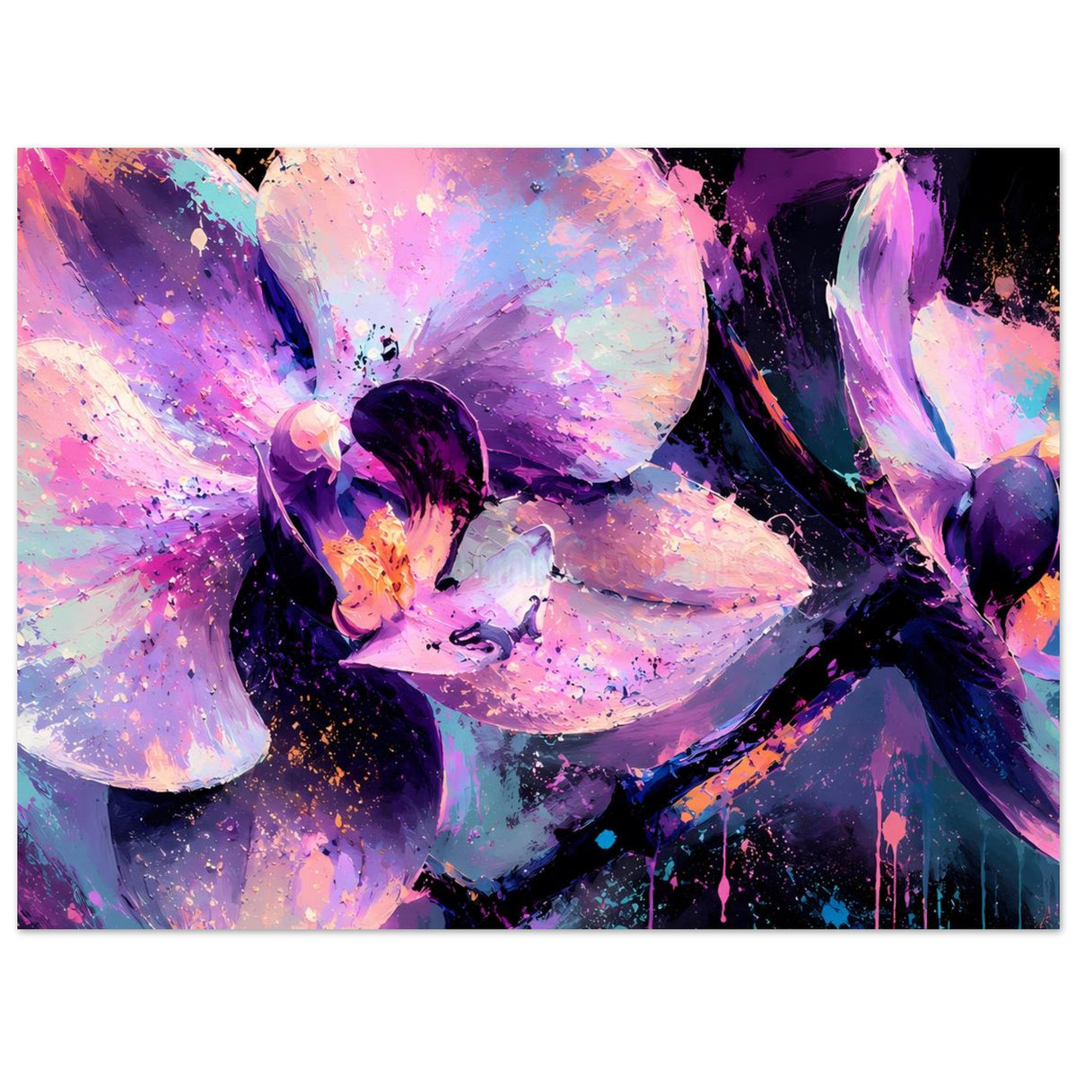 Neon-Orchideenposter mit violetten und pinken Blüten, abstrakten Farbspritzern