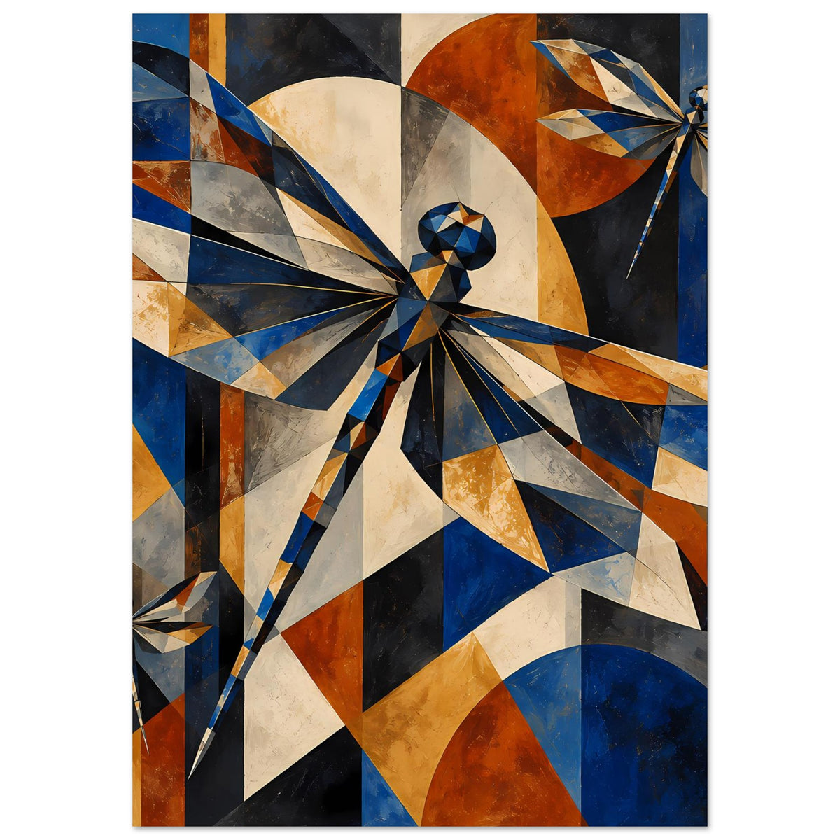 Vertikales Kunstposter mit abstrahierter Libelle und geometrischen Formen in Blau und Kupfer.