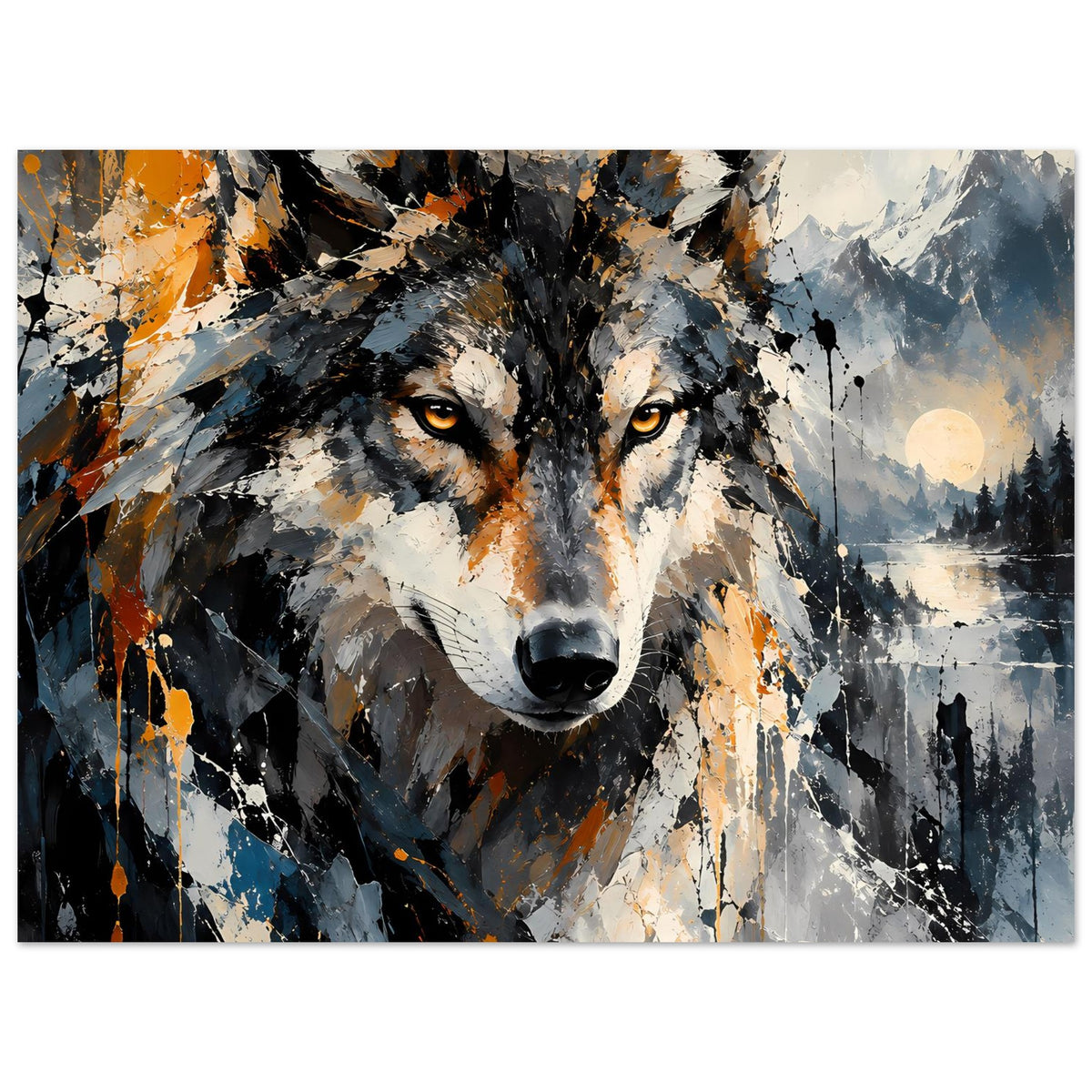 Abstraktes Wolf-Poster mit Kopf und Hintergrund-Landschaft, Grau-Schwarz, Orange-Spritzer