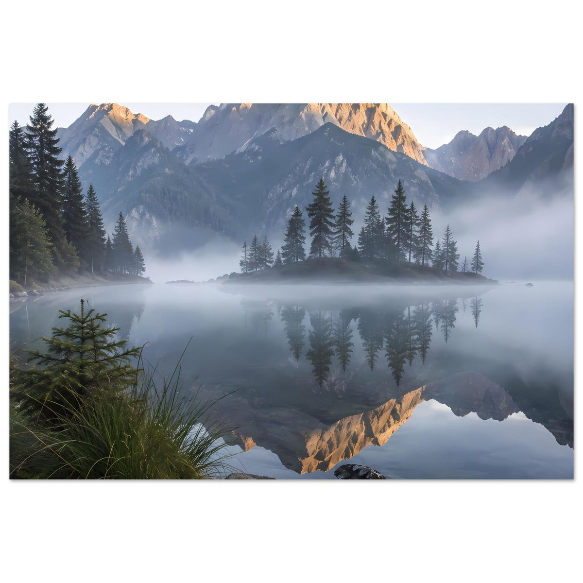 Poster im Landschaftsformat mit spiegelnder Bergkulisse, Nebel und Wald am Seeufer