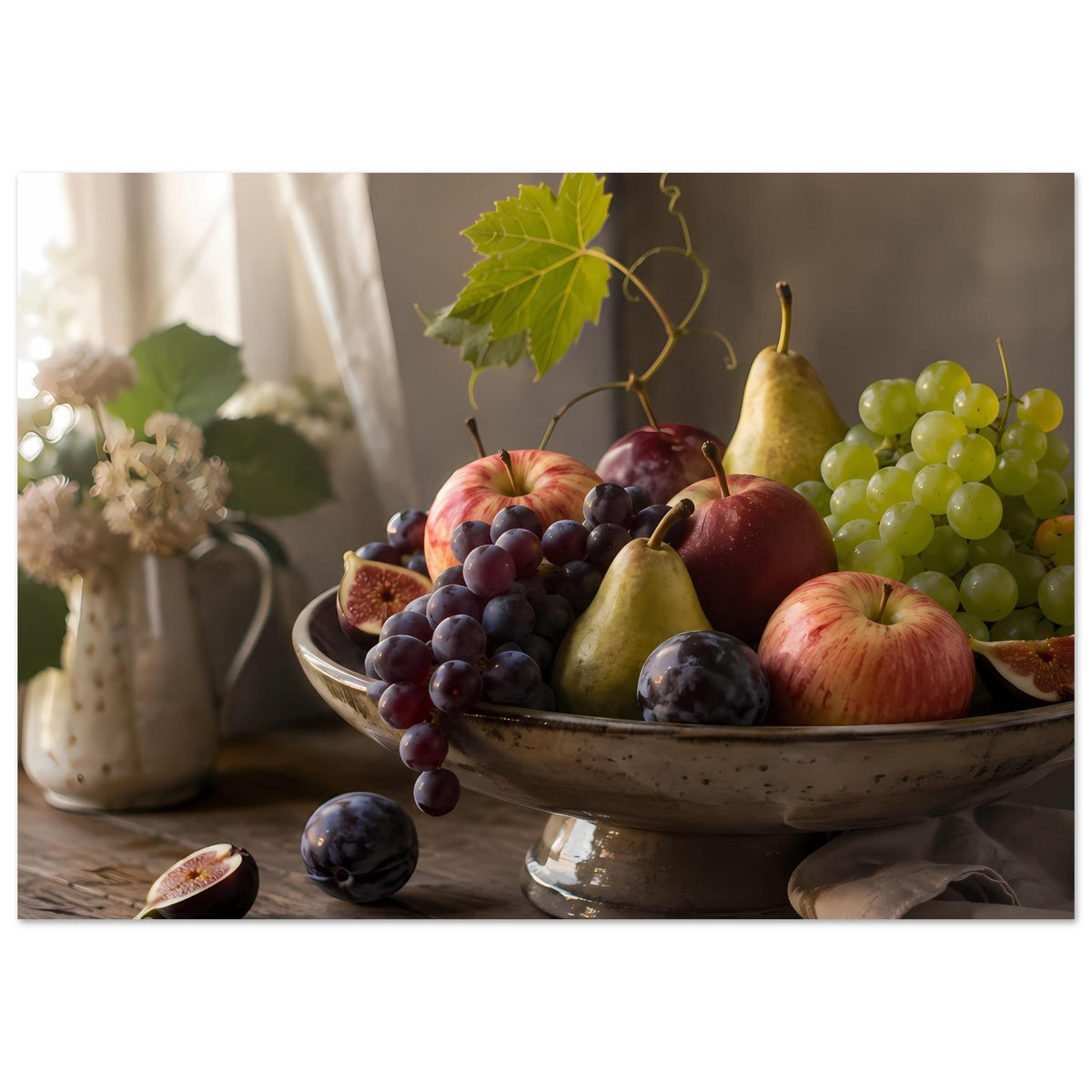 Obst-Poster: Keramikschale mit Trauben, Äpfeln und Birne, grünes Weinblatt
