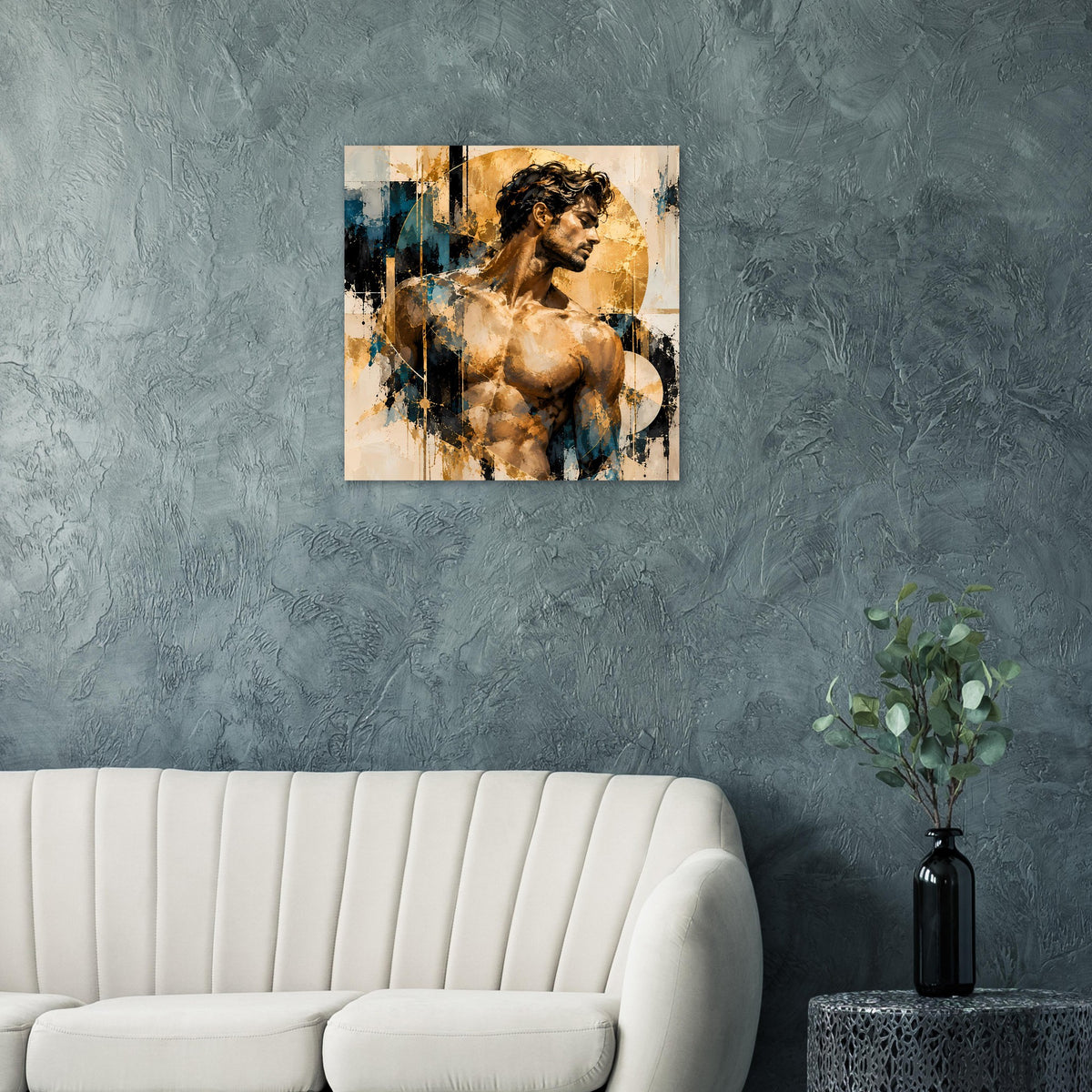 Kunstposter mit Aktmotiv: nackter Oberkörper, abstrakte Gold- und Blaustrukturen im Rahmen