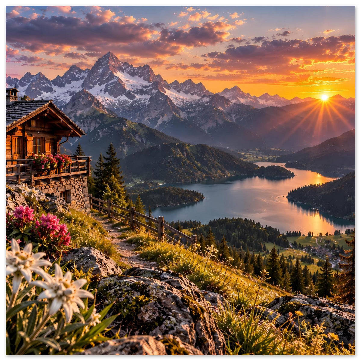 Hochformat Poster mit Alpenblick: Hütte, See, Berge und Blumen im Vordergrund