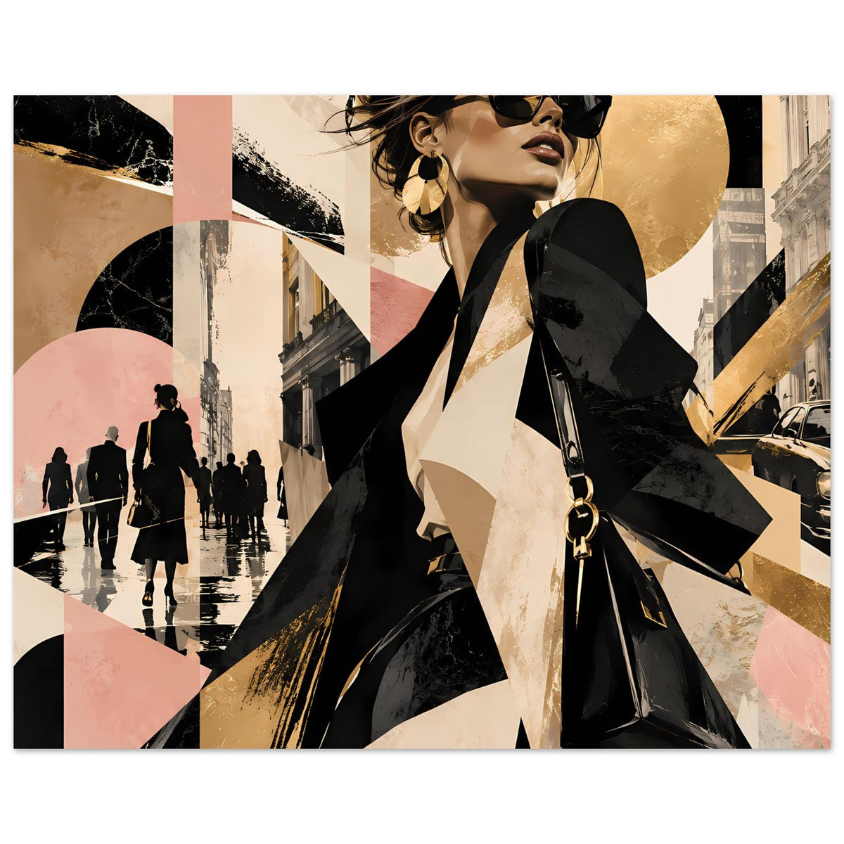 Mode-Poster mit weiblicher Fashion-Figur, Schwarz-Gold-Design und geometrischen Formen im Querformat