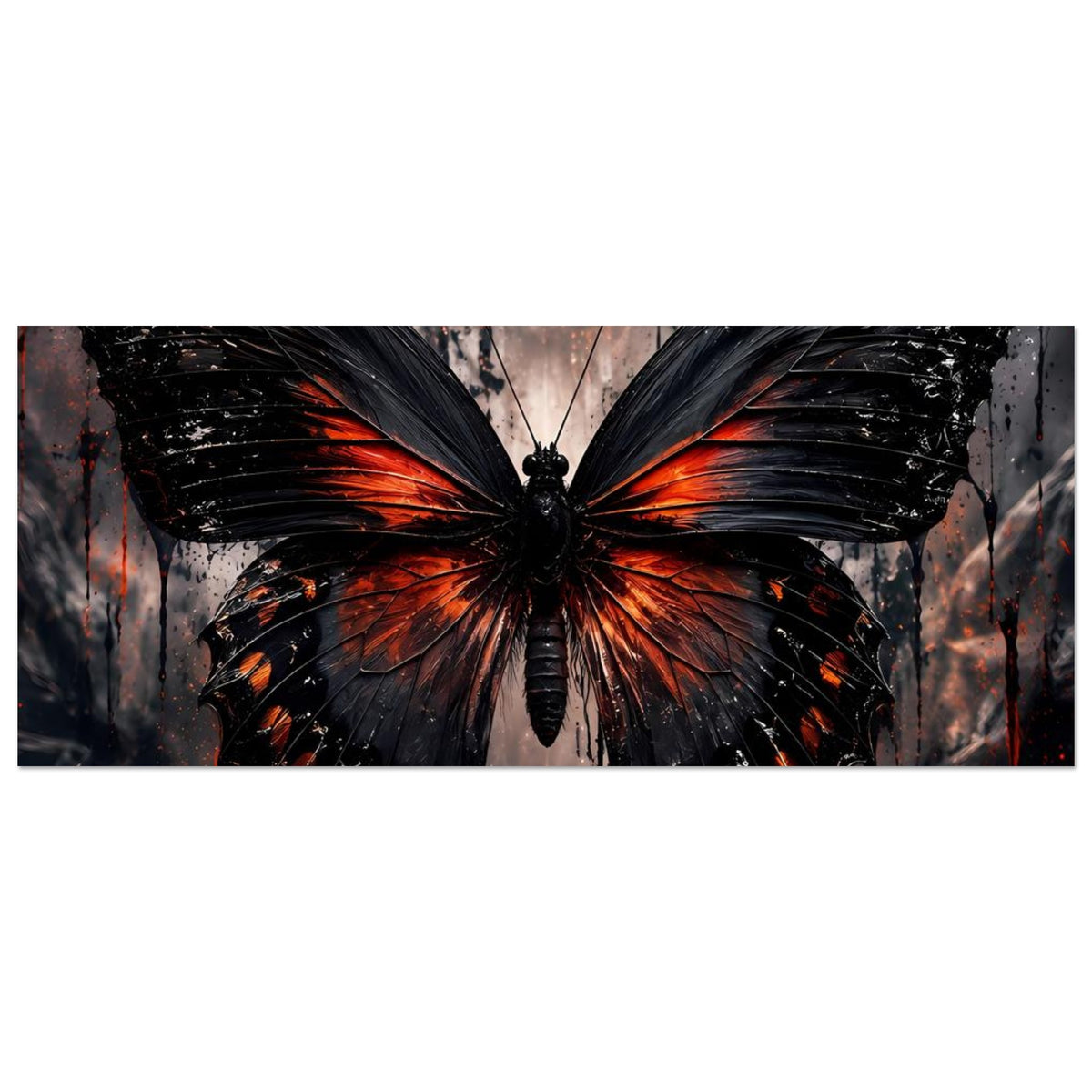 Schmetterlingsposter im Querformat mit schwarzen Flügeln und orange-roten Flammenakzenten