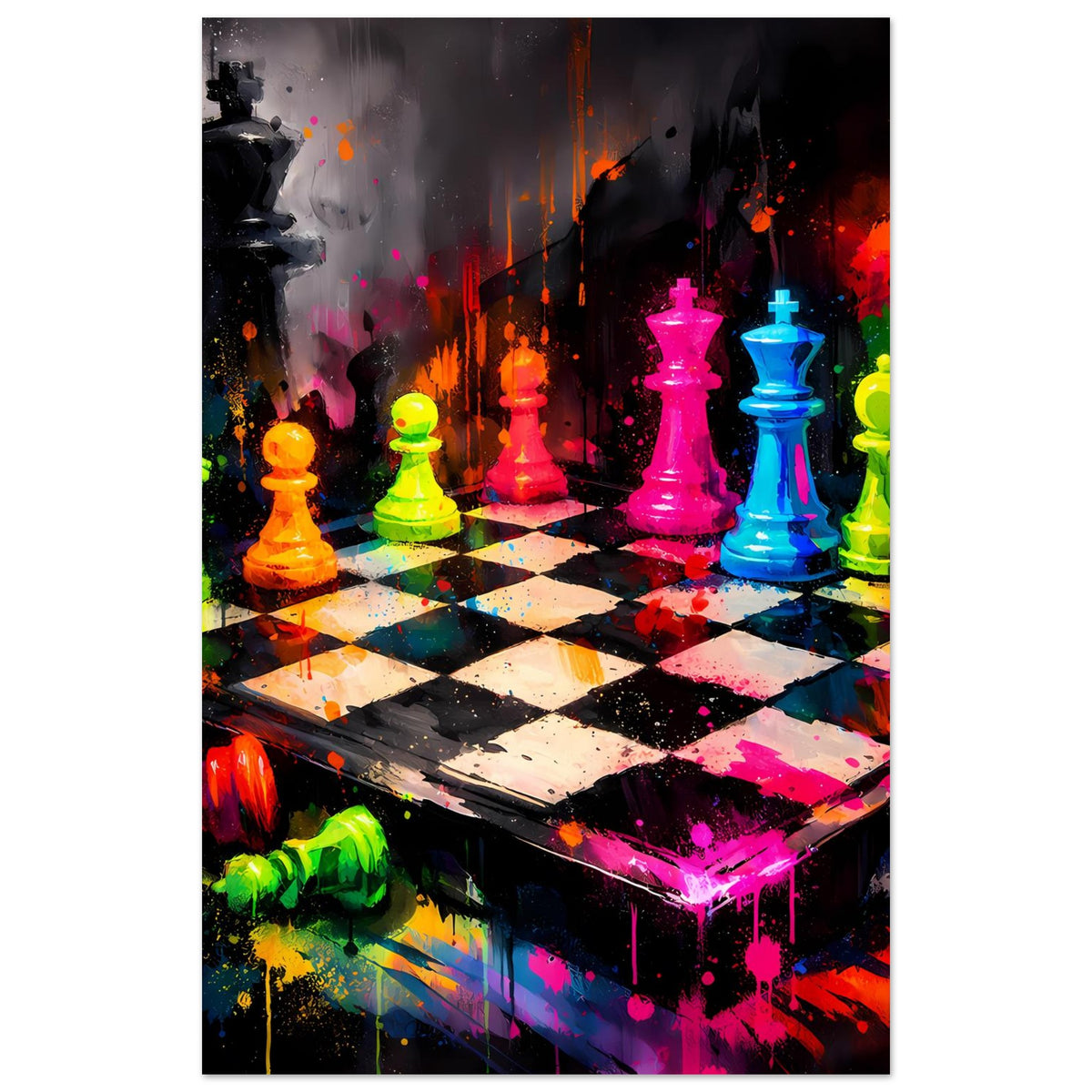 Schmales Hochformat-Poster mit buntem Neon-Schachbrett und Figuren in mehreren Farben