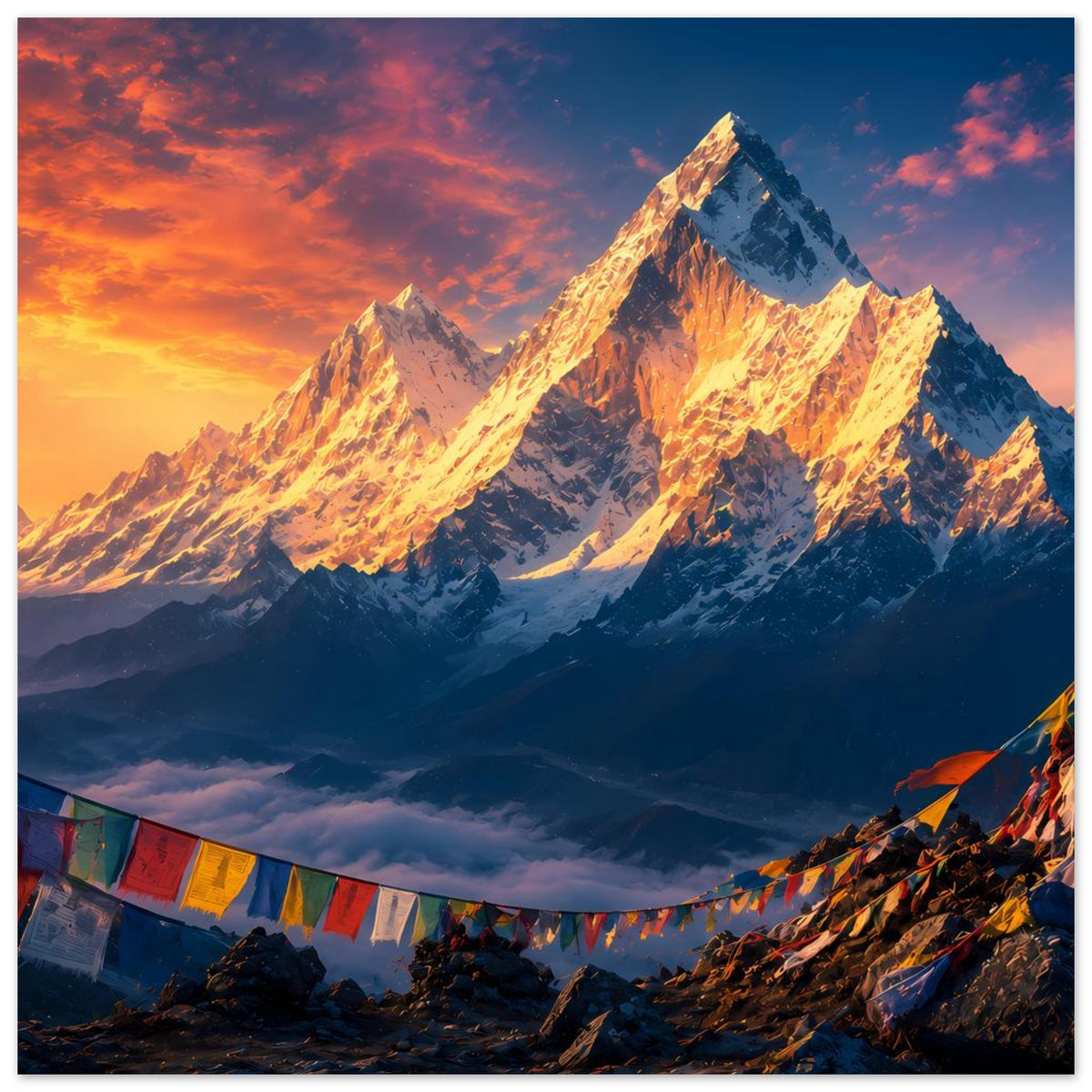 Quadratisches Poster mit Himalaya-Berglandschaft bei Sonnenaufgang, leuchtende Gipfel und Gebetsfahnen