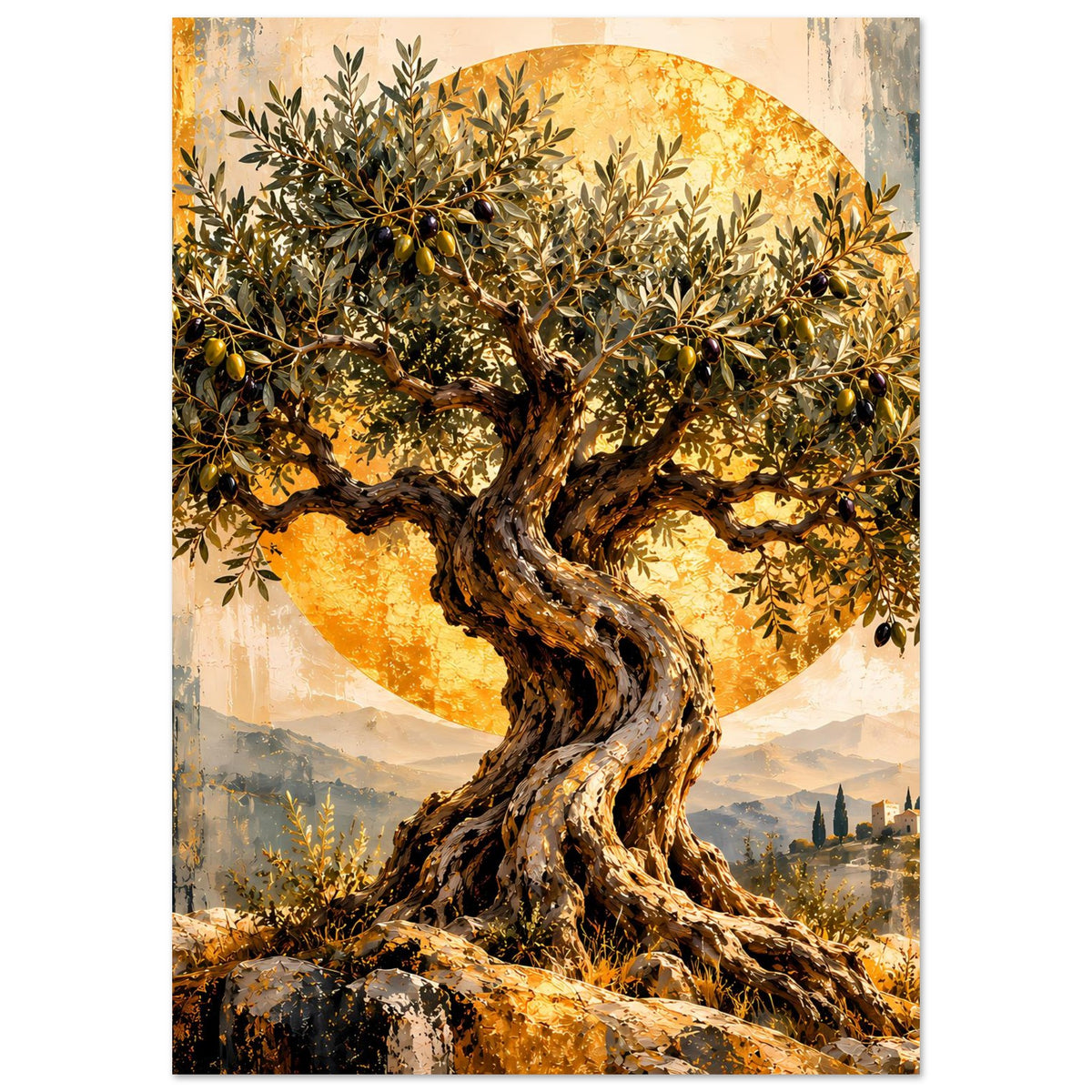 Vertikales Poster mit Olivenbaum, goldene Blätter, Sonnenkreis und Berglandschaft
