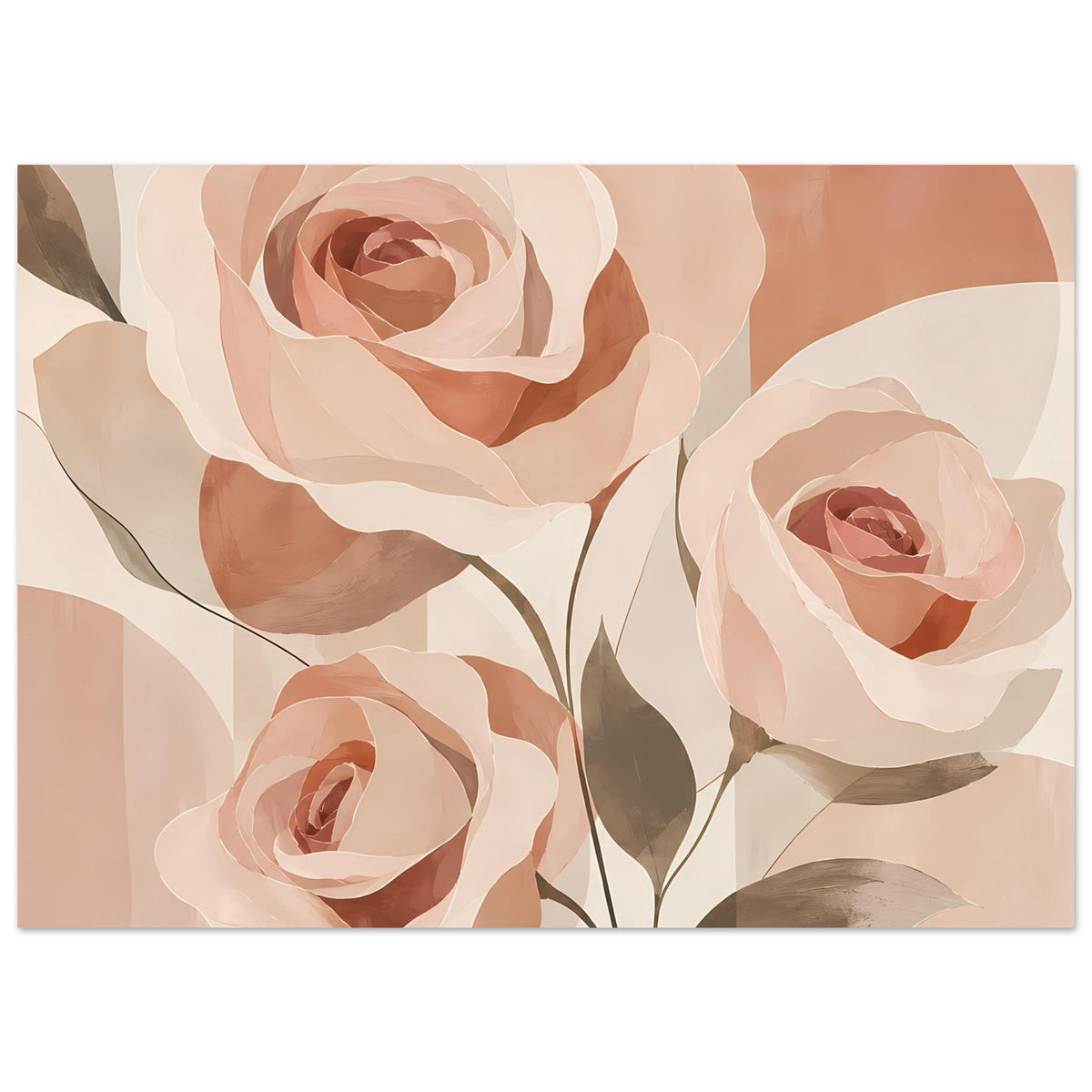 Rosenposter mit drei Rosenblüten in Pfirsich- und Rosatönen, cremeweiße Blätter und Stiele
