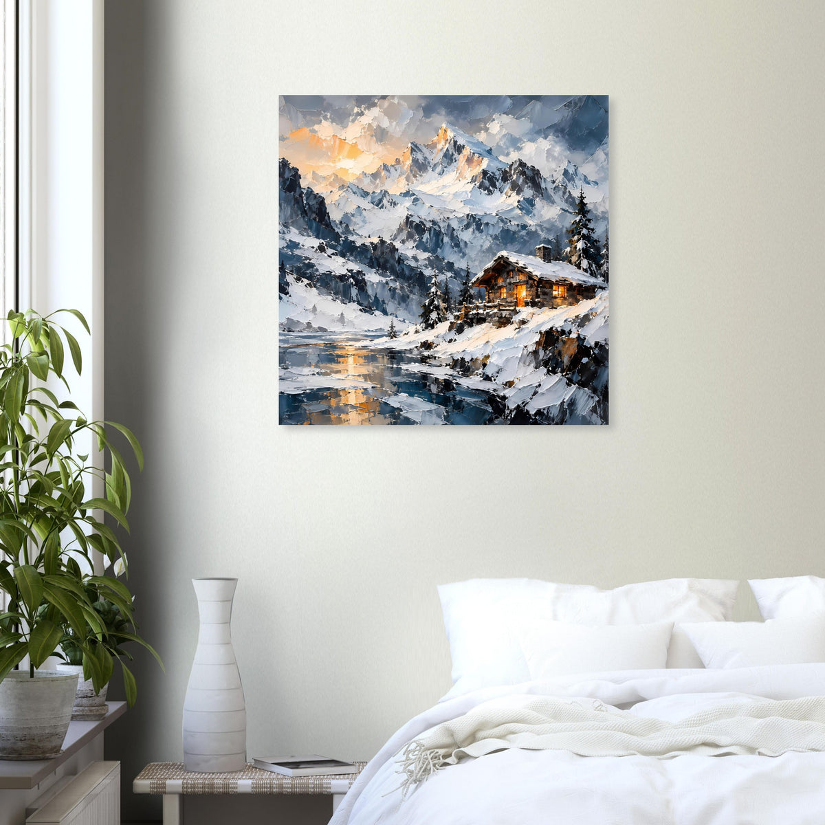 Poster mit Winterhütte in schneebedeckten Bergen, warm leuchtende Fenster