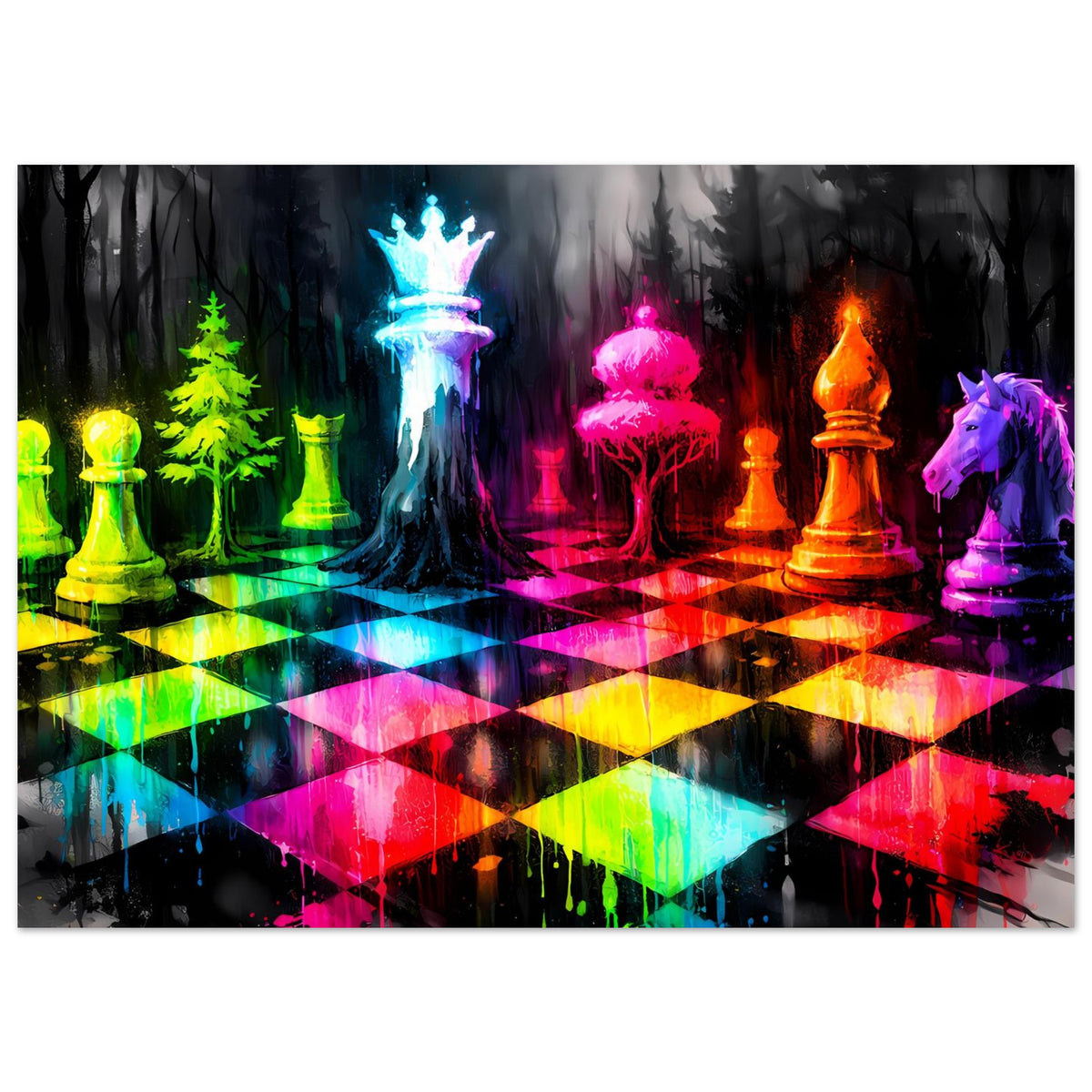 Leuchtendes Schachspiel-Poster, breites Motiv: neonfarbene Schachfiguren und farbiges Feldraster