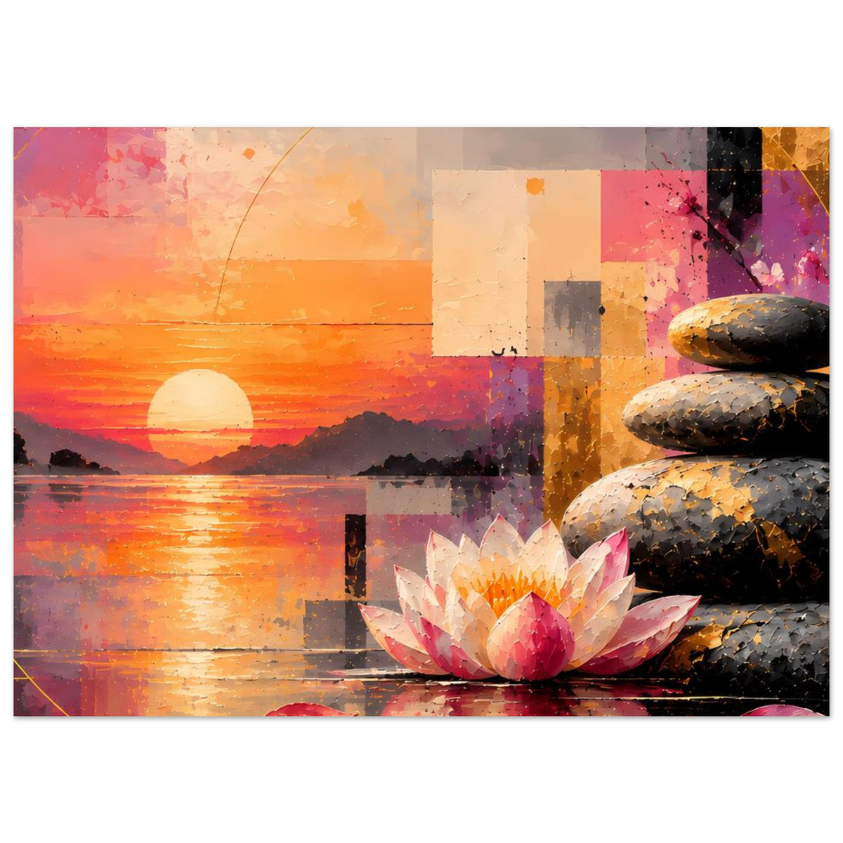Horizontales Poster: abstrakte Sonnenuntergangsszene mit Lotusblüte und Steinsäule, farbig
