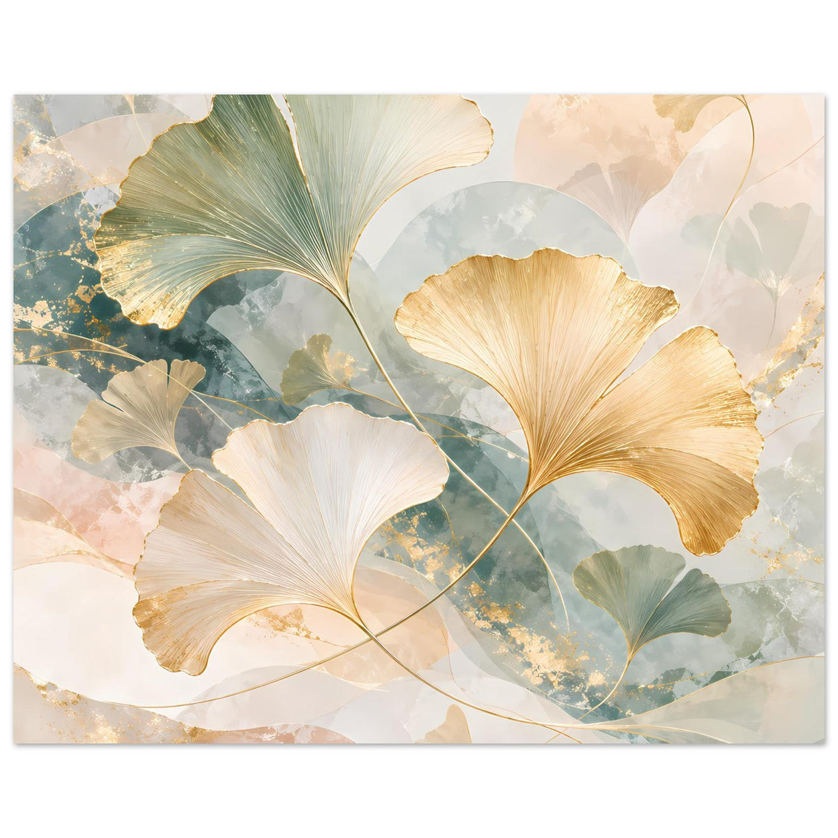 Querformat-Poster mit Ginkgo-Blättern in Gold, Türkis und Creme, Adern und Glanzakzente