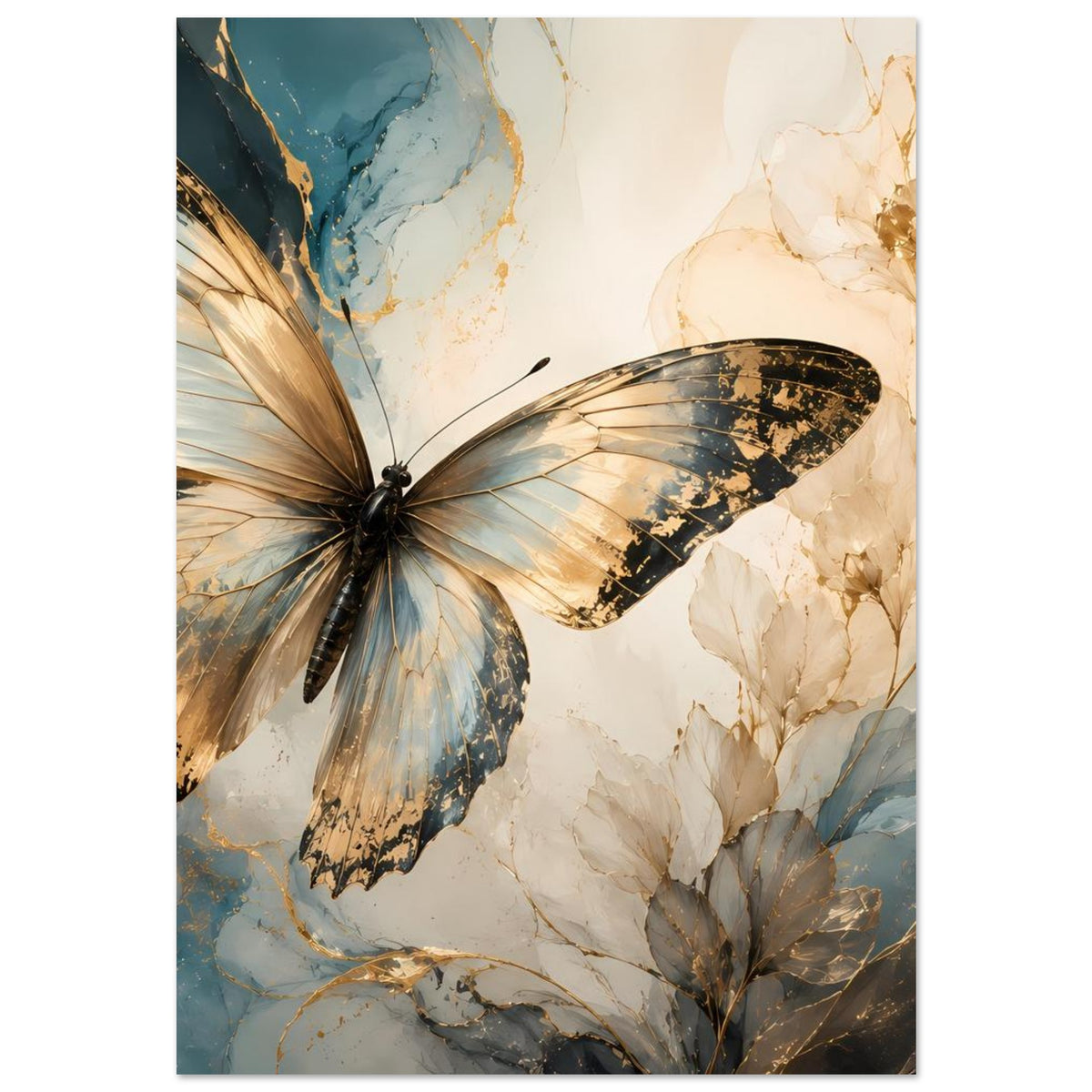 Vertikales Schmetterlings-Poster mit goldblauem Schmetterling und beigen Blumen im Rahmen