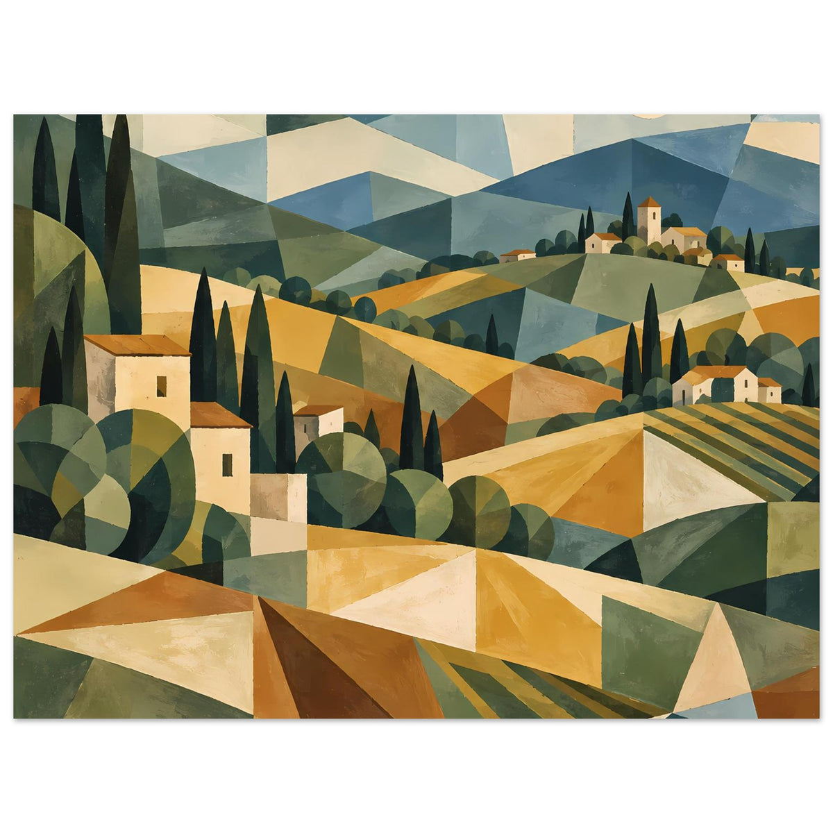 Poster mit geometrischer Toskana-Landschaft, detailliert: Hügel, Zypressen, Dorfhäuser und Wege