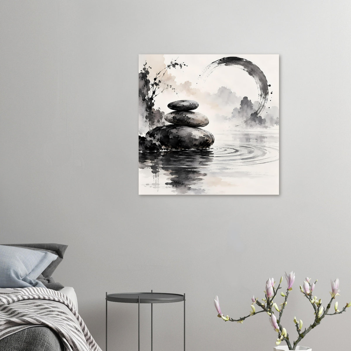Quadratisches Poster mit Zen-Steinmotiv in Schwarzweiß: drei Steine und Wasserkringel