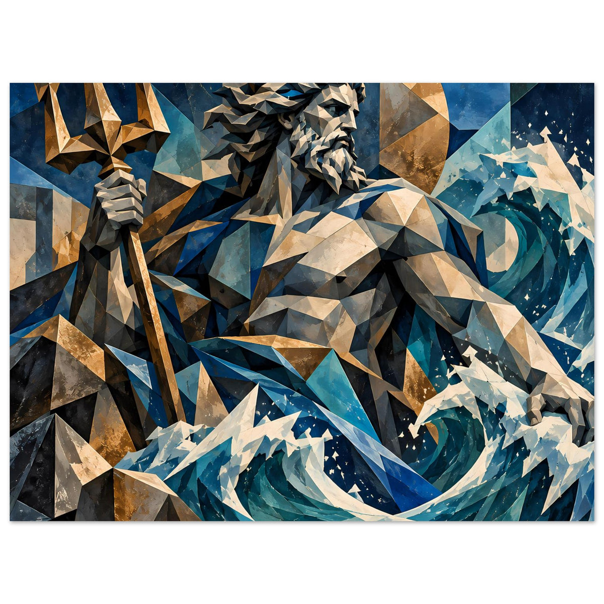 Geometrisches Poseidon-Poster, kräftige Wellen und goldene Akzente mit Sternenpunkten