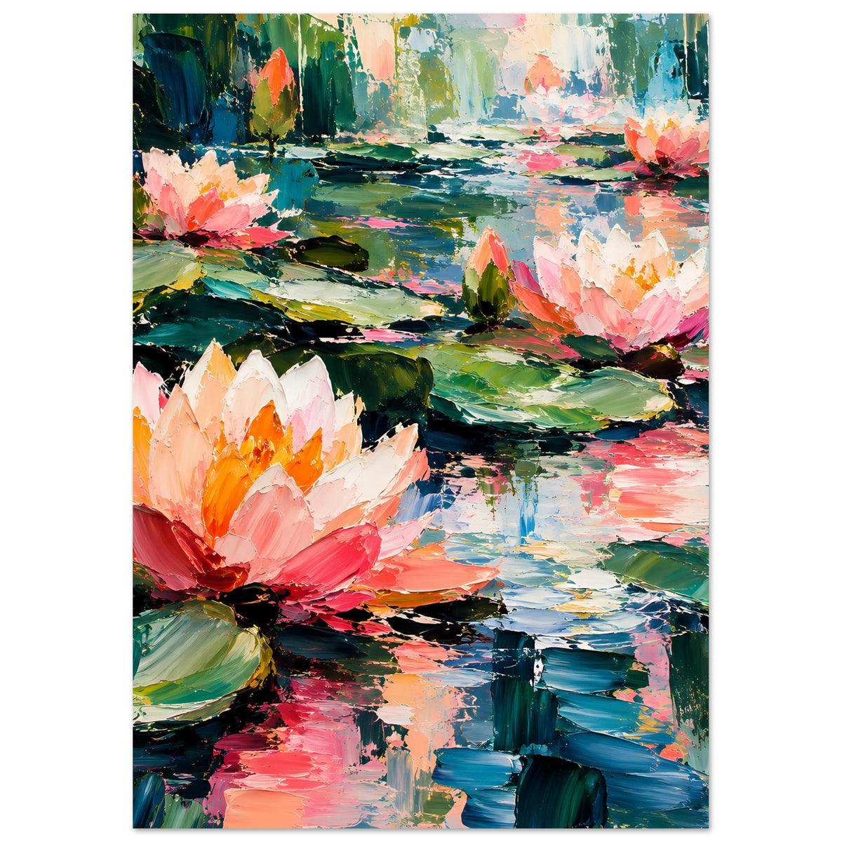 Hochformat-Poster: Seerosen in Pastell-Pink mit grünen Blättern und bunten Wasserreflexen