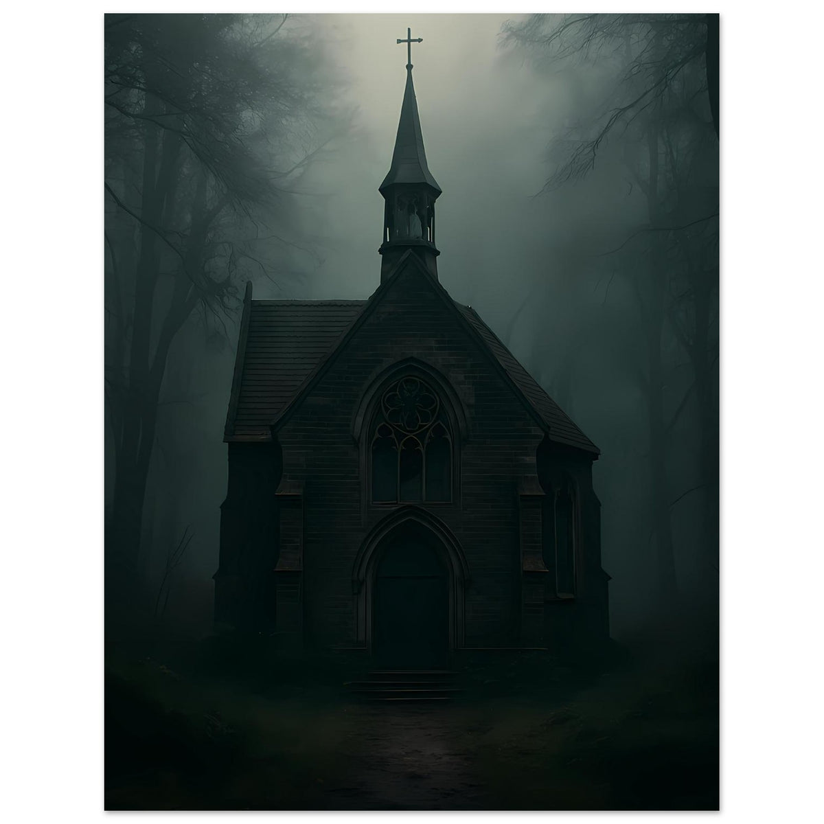 Vertikales Poster: dunkle Kapelle mit Zwillingsfenster im Giebel und Kreuzspitze