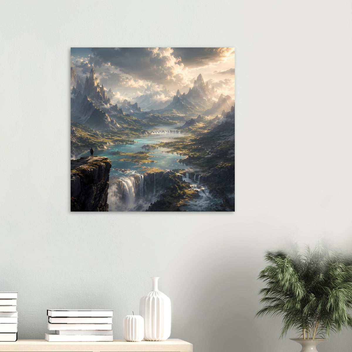 Quadratisches Poster mit Berglandschaft, Wasserfall und Fluss im Sonnenaufgang, schwarzer Rahmen