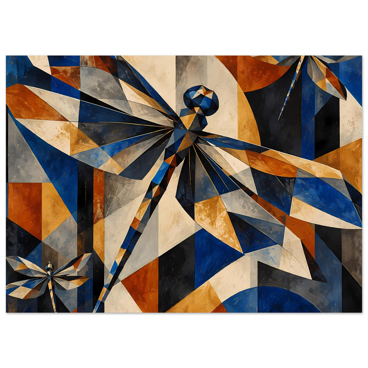 Kunstposter mit geometrischen Libellen und Flügeln aus Dreiecken in Blau und Kupfer
