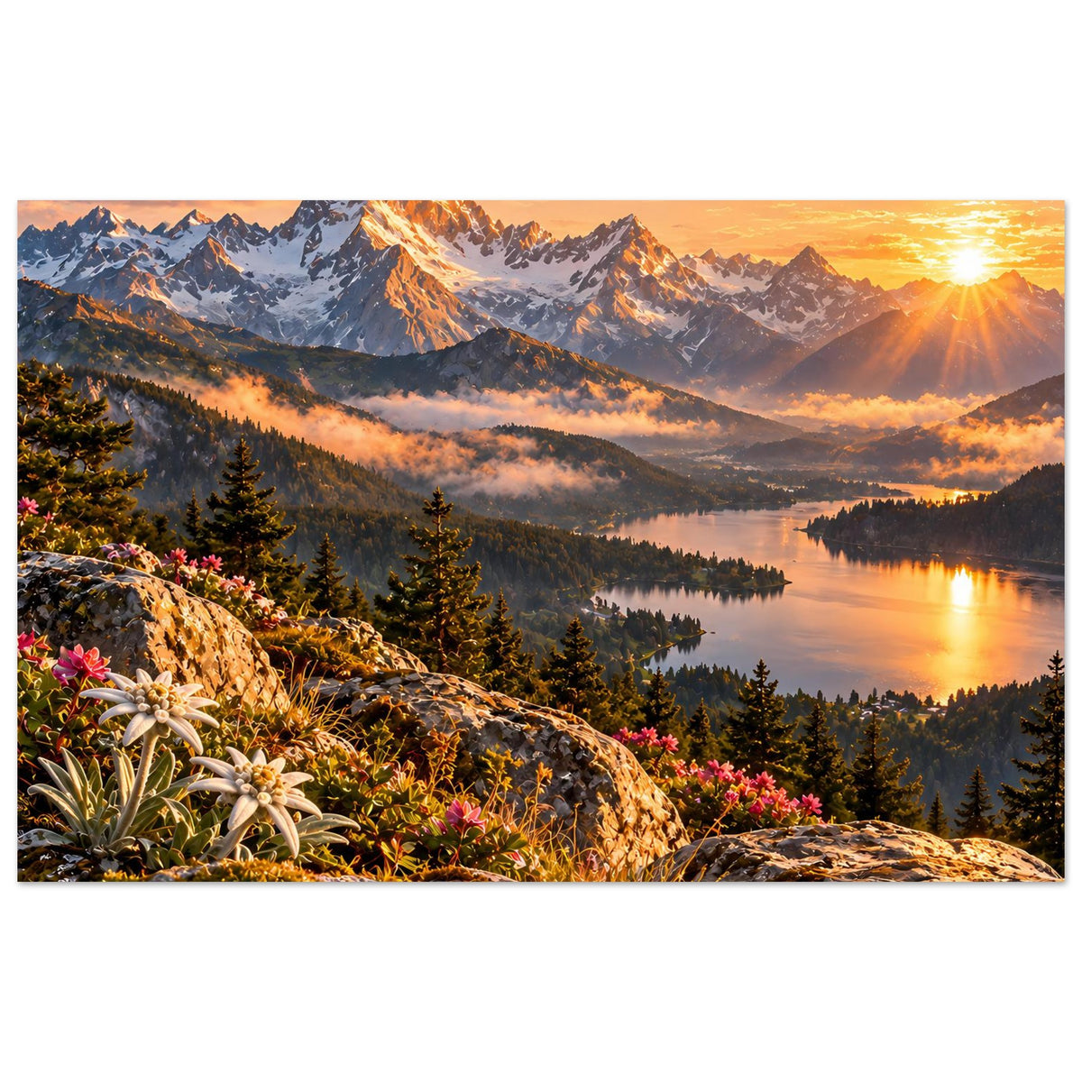 Landschaftsposter mit Alpenbergen, See und Sonnenuntergang; Fels und Blumen vorn.