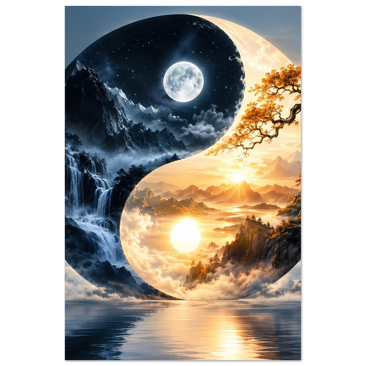 Poster im Rahmen: Yin-Yang-Motiv mit Mond am Himmel und Sonne in der Landschaft