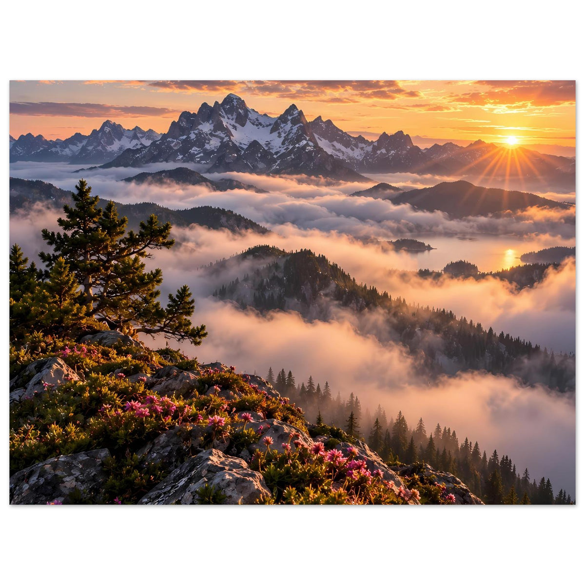 Poster im Querformat: Sonnenaufgang über Berggipfeln, Nebel über Tälern, Fichten am Hang