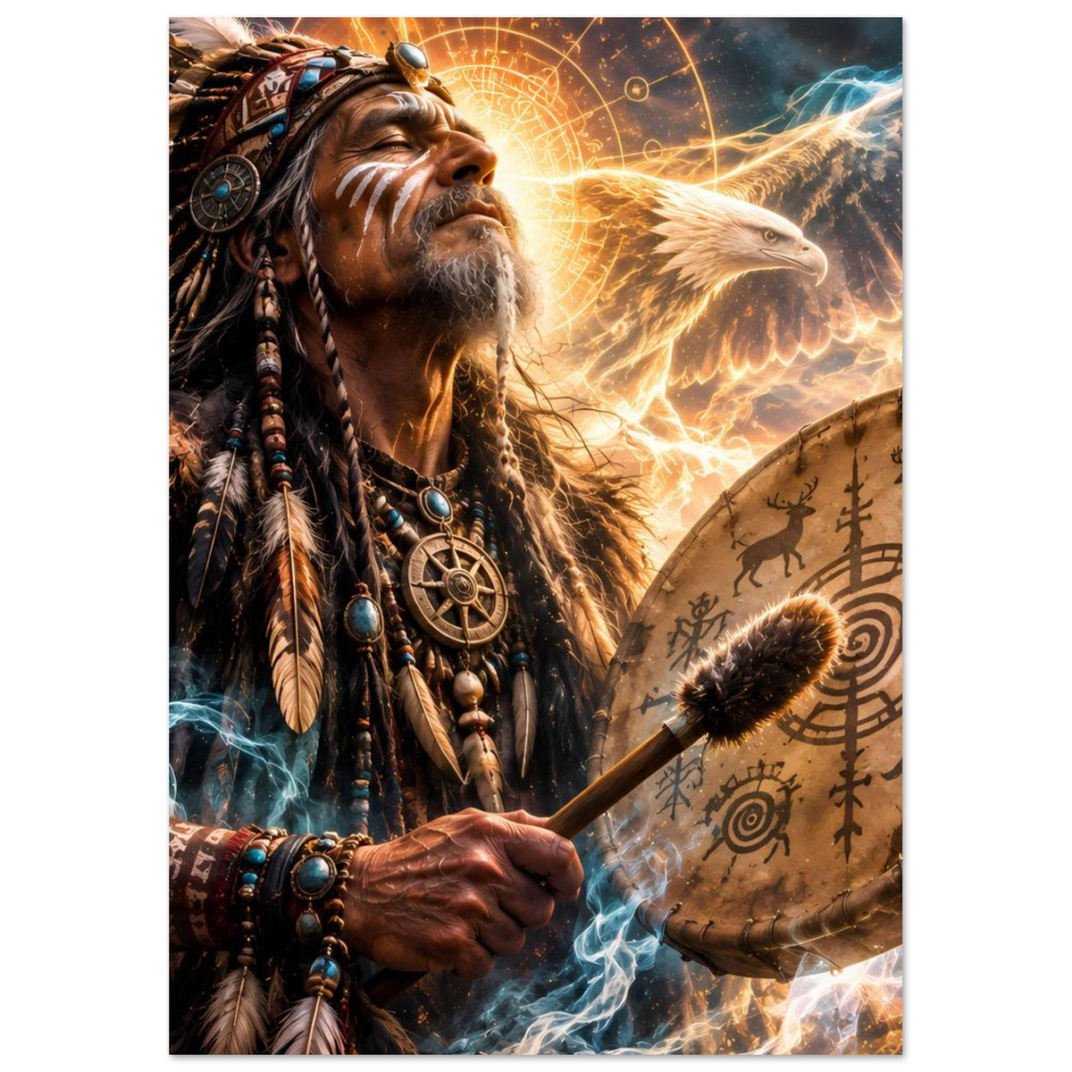 Fantasy-Poster: Schamane mit Trommel, goldener Adler und leuchtender Kreis im Hintergrund