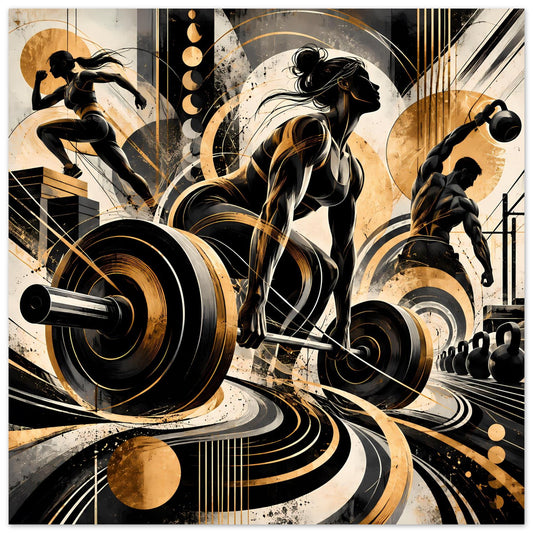 Fitness-Action-Poster mit Frauen-Silhouetten, Hantelstangen und Gold-Schwarz-Grafik, dynamische Linien