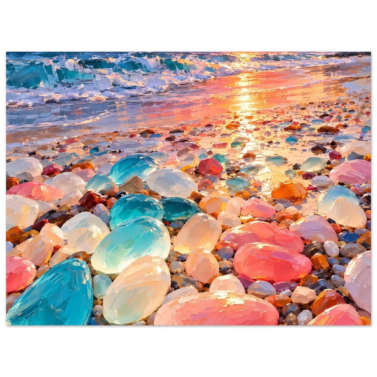 Wandposter mit bunten Strandsteinen und goldenem Licht auf dem Wasser, Querformat