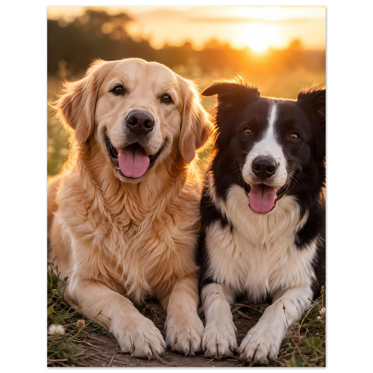 Poster mit zwei Hunden: goldener Hund und schwarzer Hund, beide mit geöffnetem Maul