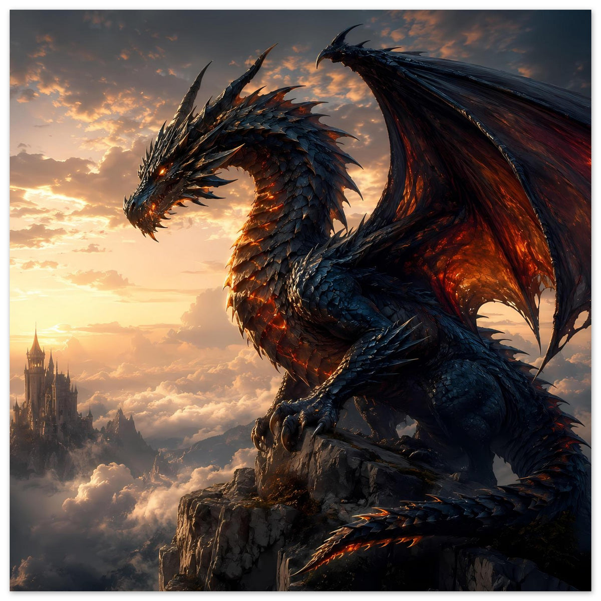 Drachenfantasy-Poster senkrecht: blauer Drache, orange leuchtende Energie in den Flügeln
