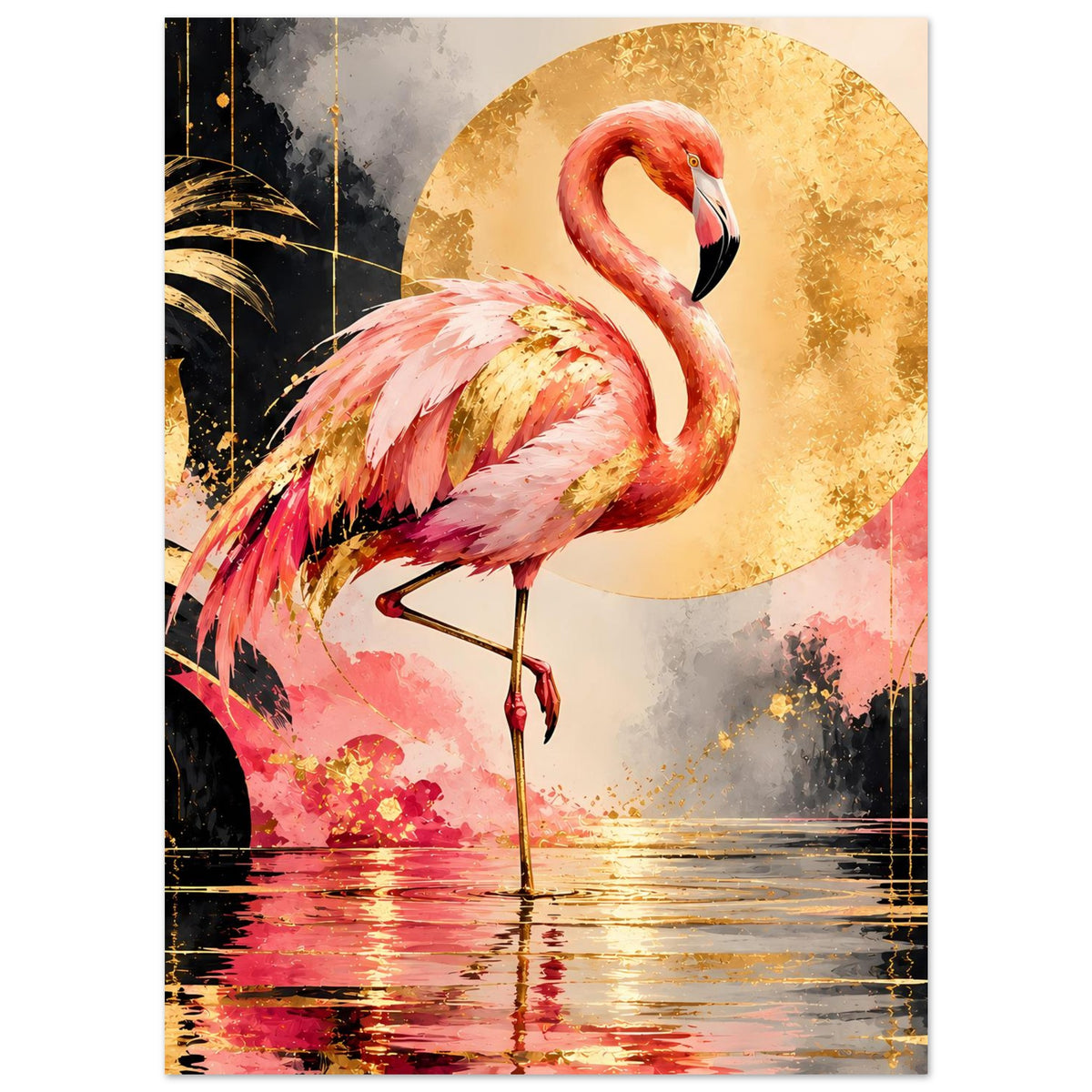 Tierposter: Flamingo mit pinken Federn und goldenem Kreis über der Wasserspiegelung