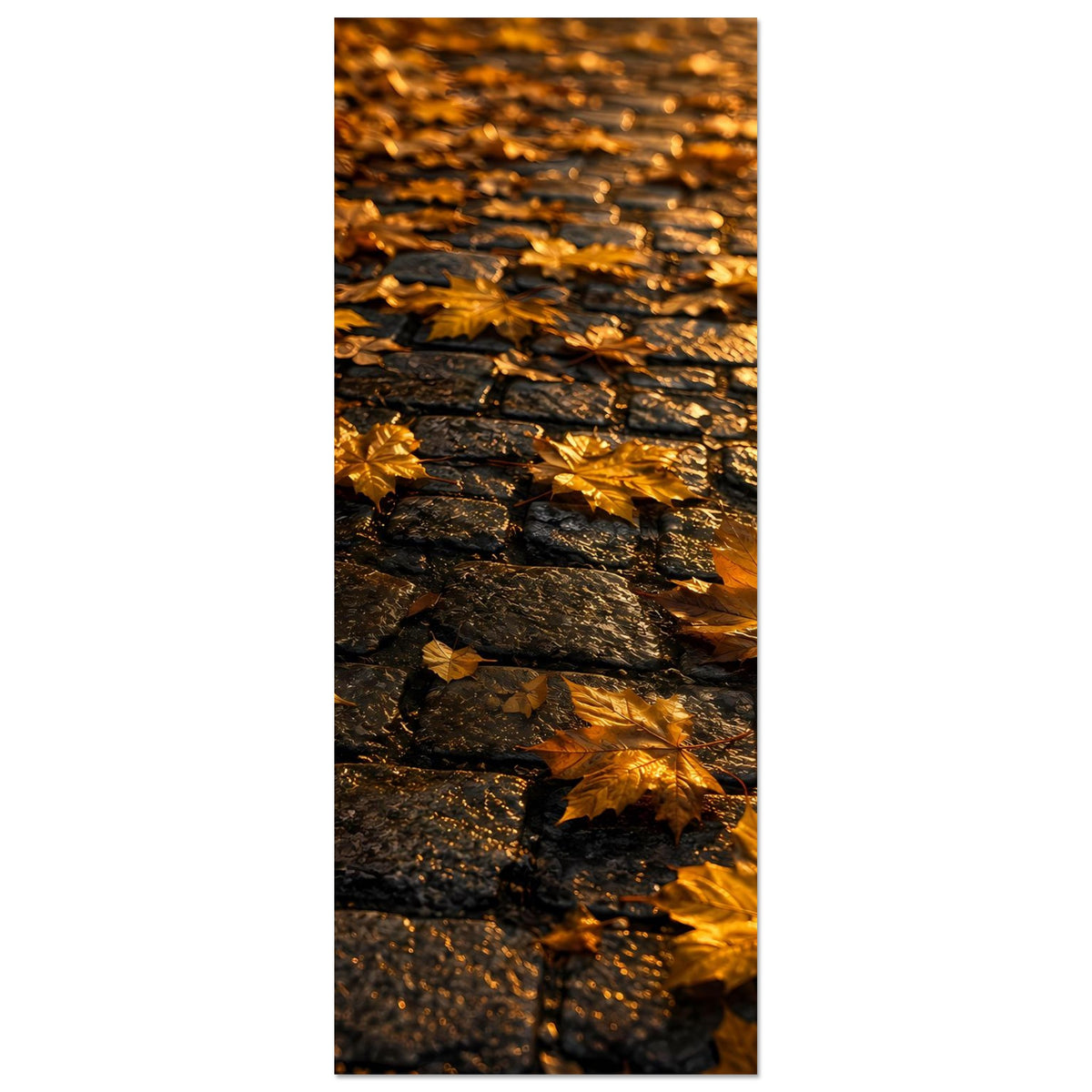 Herbstposter (vertikal) mit goldenen Blättern auf dunklen Pflastersteinen
