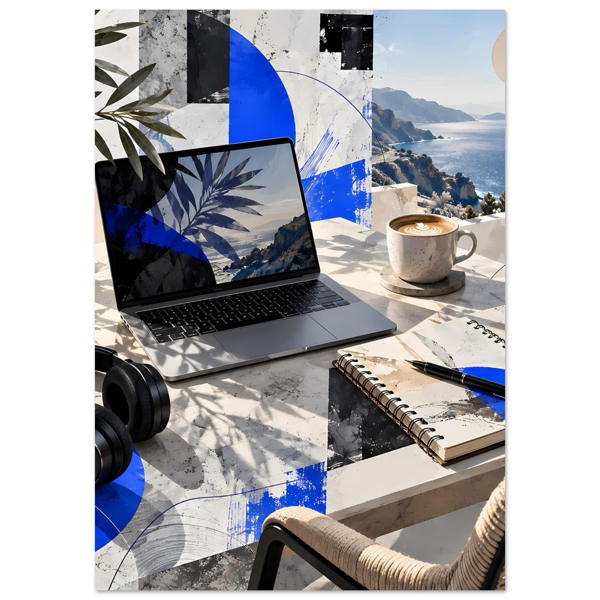 Abstraktes Küstenposter mit Berg- und Meeresmotiv, weißen Texturen, schwarzen Akzenten und Blauflächen