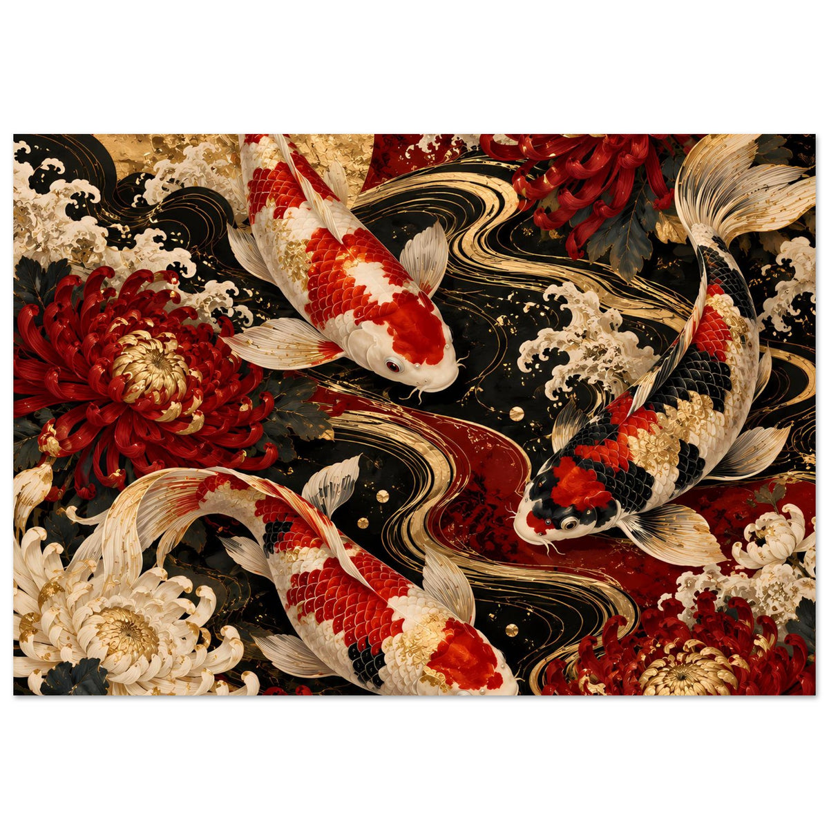 Koi-Karpfen-Poster mit Gold- und Rotwirbeln, horizontales Bildformat