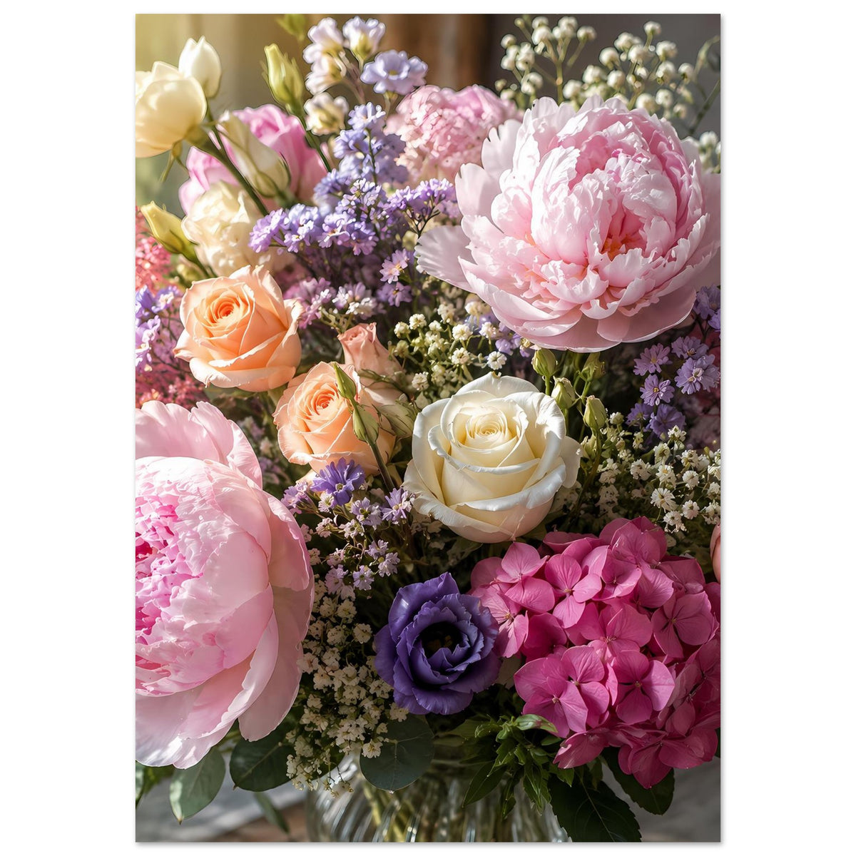 Blumenstrauß-Poster mit Pfingstrose in Hellrosa, daneben weiße Rose und violette Blüte