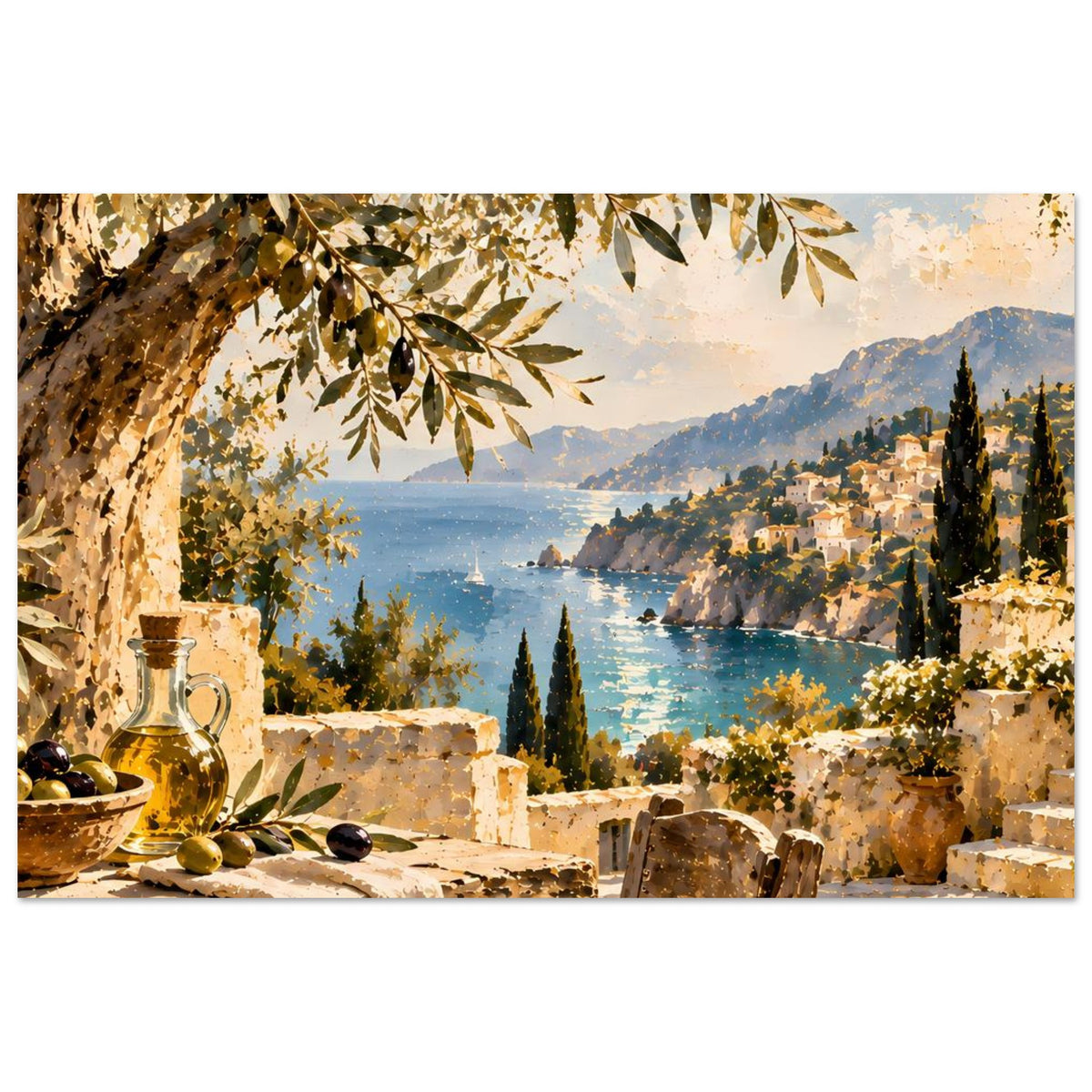 Poster der Mittelmeerküste mit Olivenblättern, Küstenwasser, Bergen und Häusern