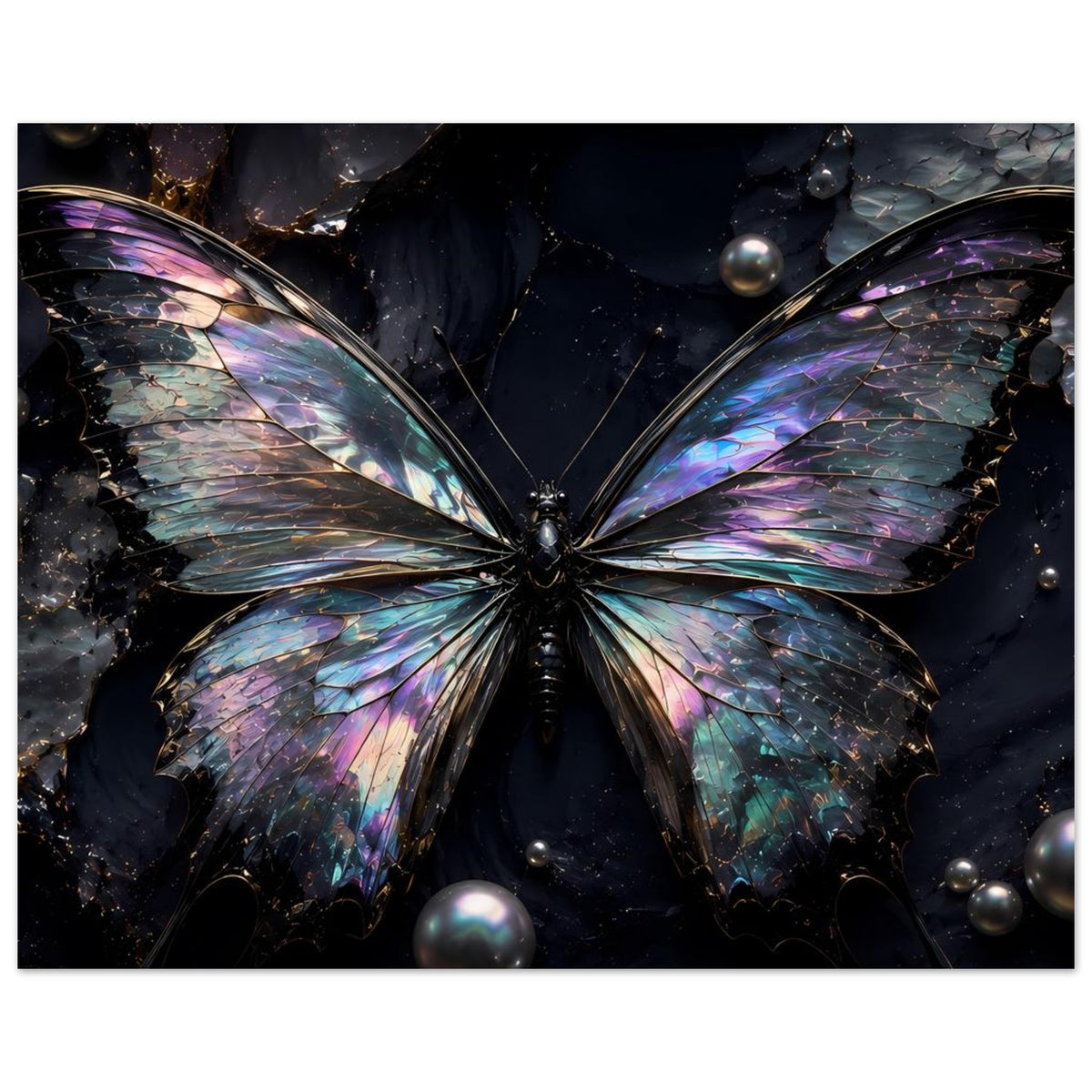 Schmetterlingsposter mit zentralem Schmetterling und schimmernden Kugeln im Motiv