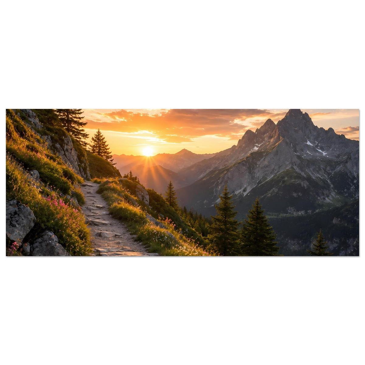 Querformatiges Poster mit Sonnenaufgang über Bergen, Pfad, Tannen und Felsklippen