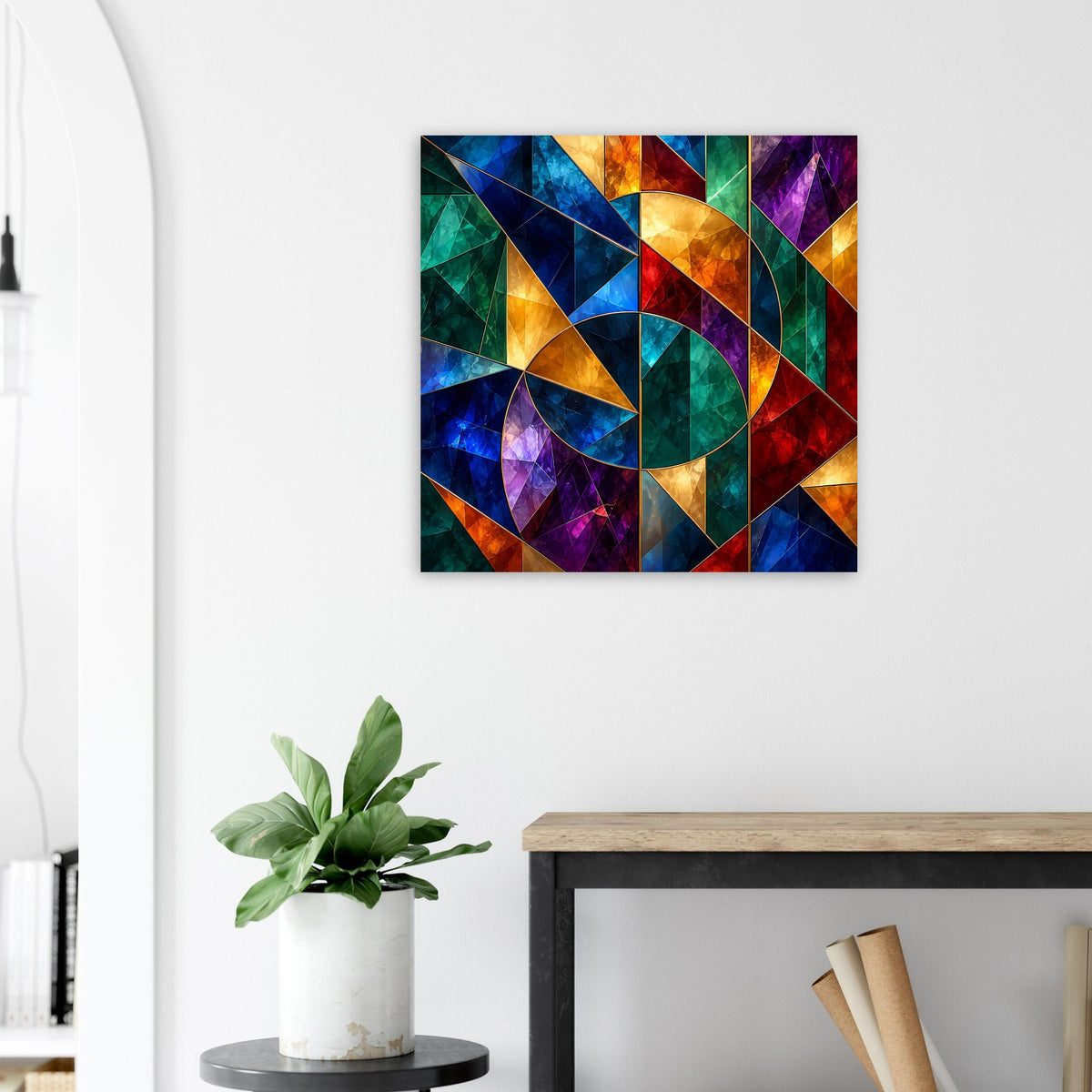 Quadratisches Poster mit geometrischem Glasmalerei-Design in Blau, Grün, Orange und Violett