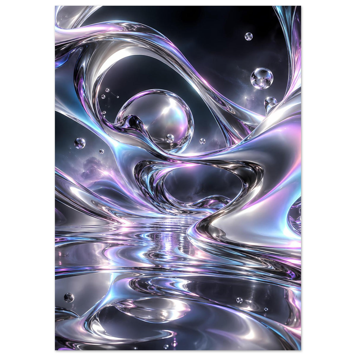 Liquid-Chrome Poster im Hochformat mit glänzenden Bandwellen und Kugel-Reflexen