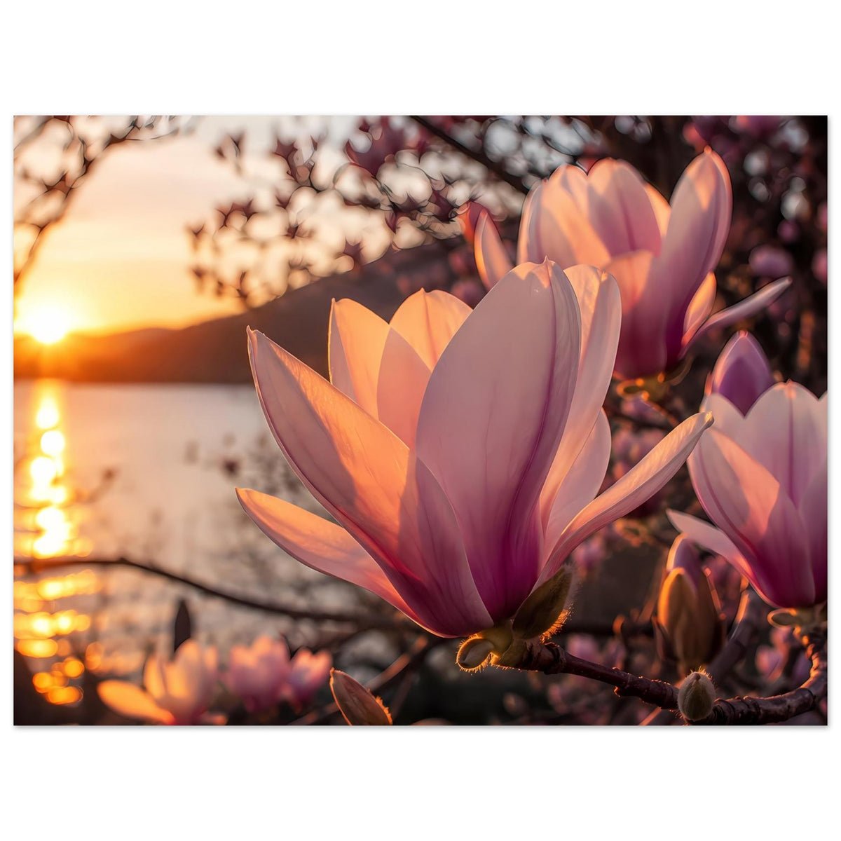 Magnolienblüten-Poster: violette und orange Blüten an dunklem Ast