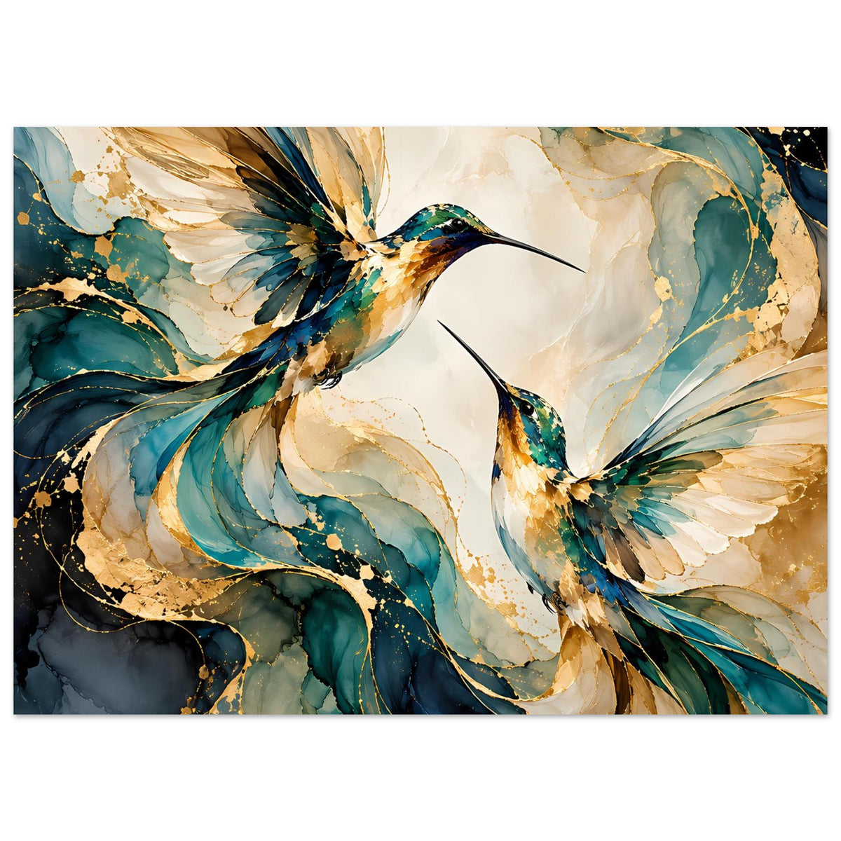 Vogelposter mit Kolibris, abstrakten Flügeln und goldenen Sprenkeln in Blau