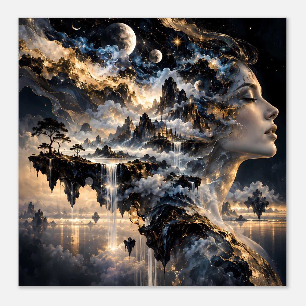 Surrealistisches Poster im Querformat mit kosmischem Profilgesicht, Monden und Wasserfällen