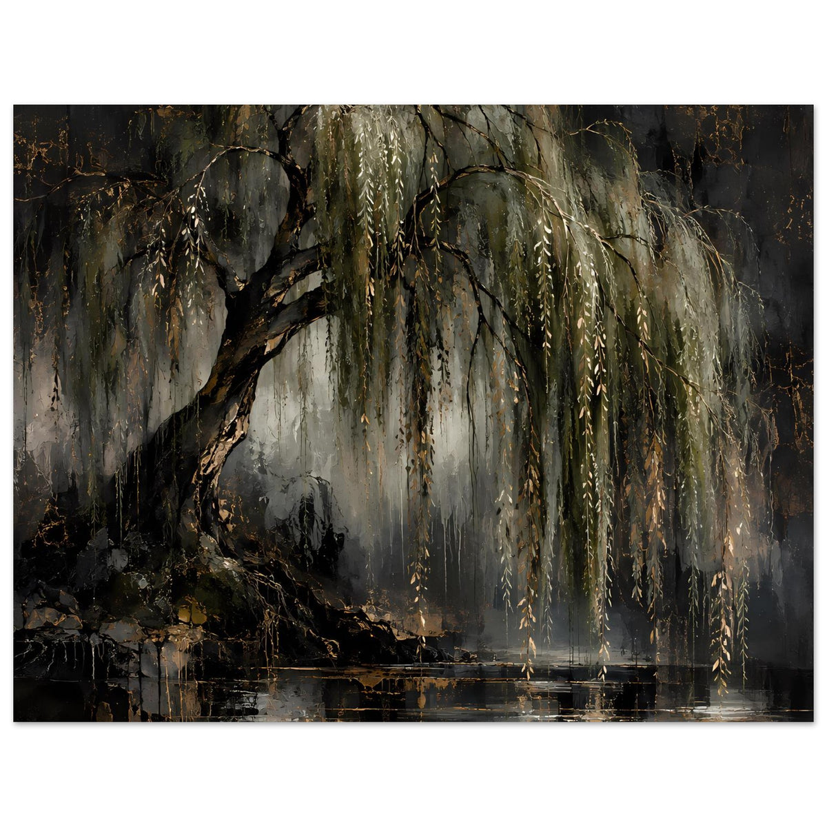 Naturposter mit Trauerweide, goldenes Licht und Spiegelung auf dem Wasser