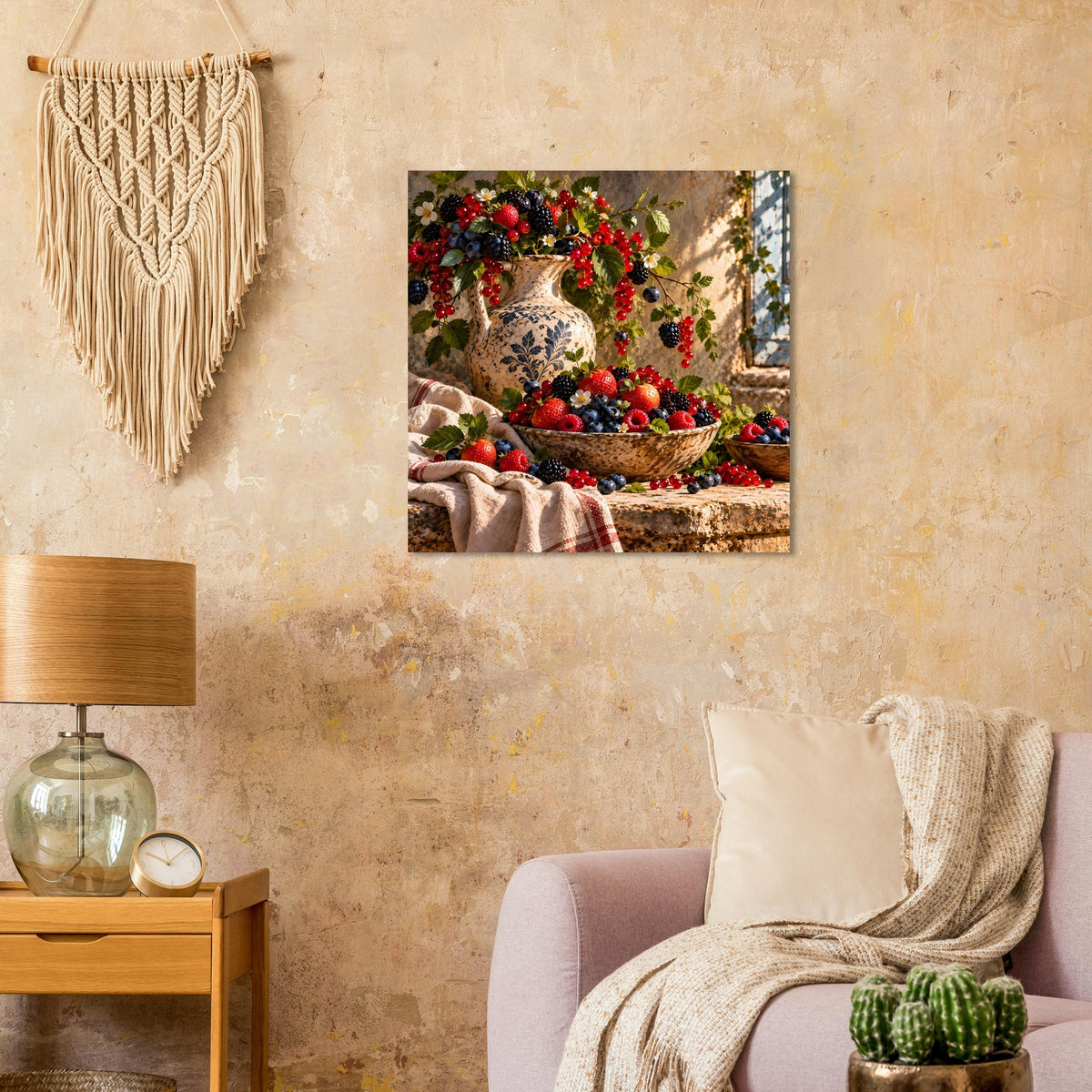 Quadratisches Poster: Beerenkranz mit Vase und Früchten in einer Obstschale