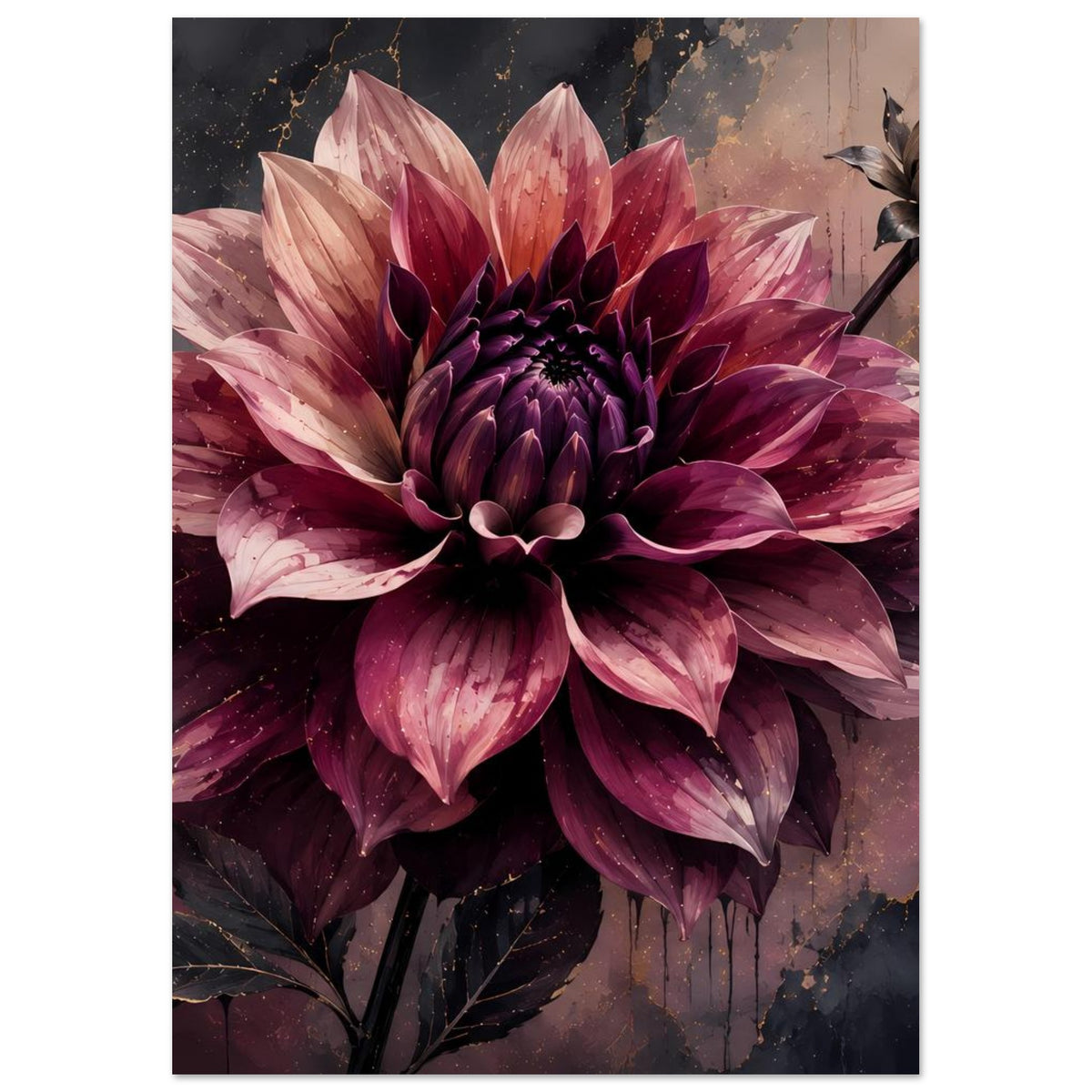 Dahlienposter mit dunkellila Dahlie, rosa Blütenblättern und goldenen Adern im Hochformat