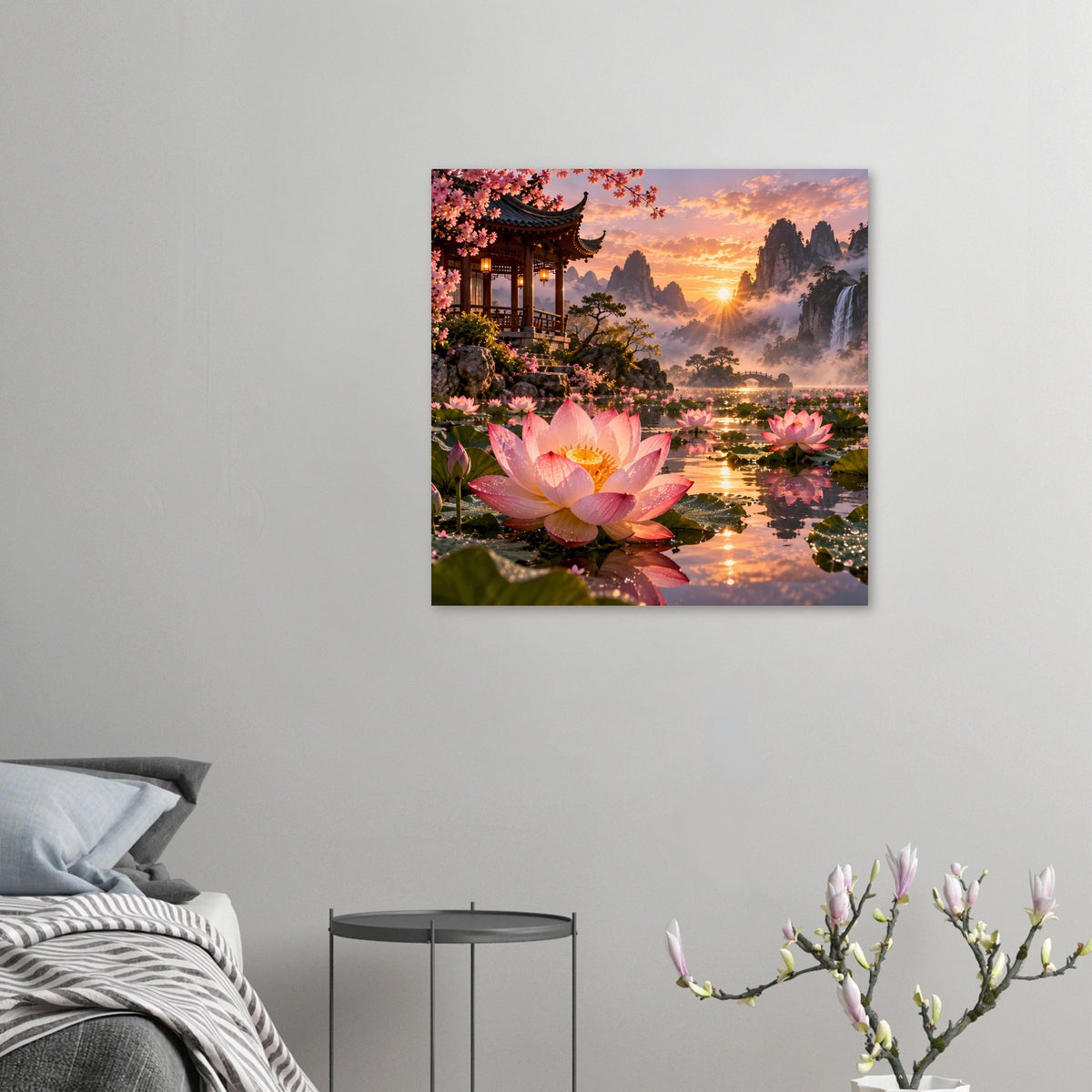 Kleines Poster im Quadratformat: rosa Lotus, Tempelpavillon, Berge, Sonnenaufgang